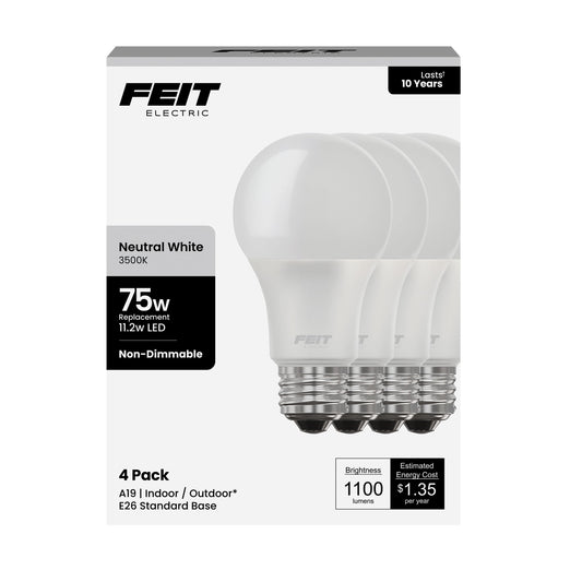 Feit Electric LED Light Bulbs - A19 75W Equivalent, 80 CRI - 3500K, 4 Pack