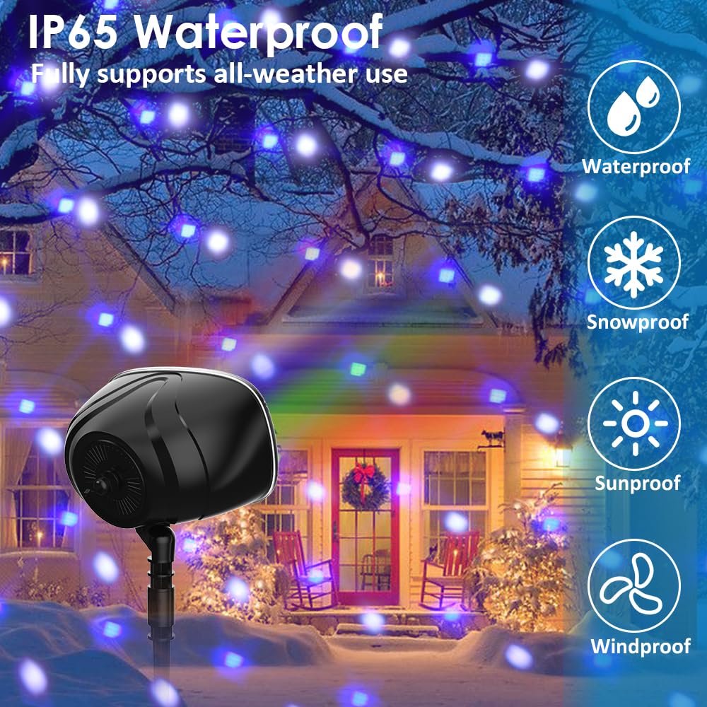 Syslux Christmas Projector Lights Outdoor, RGBW Christmas Snowfall Projector Light Rotating Falling Snow Projector with Remote Control Landscape