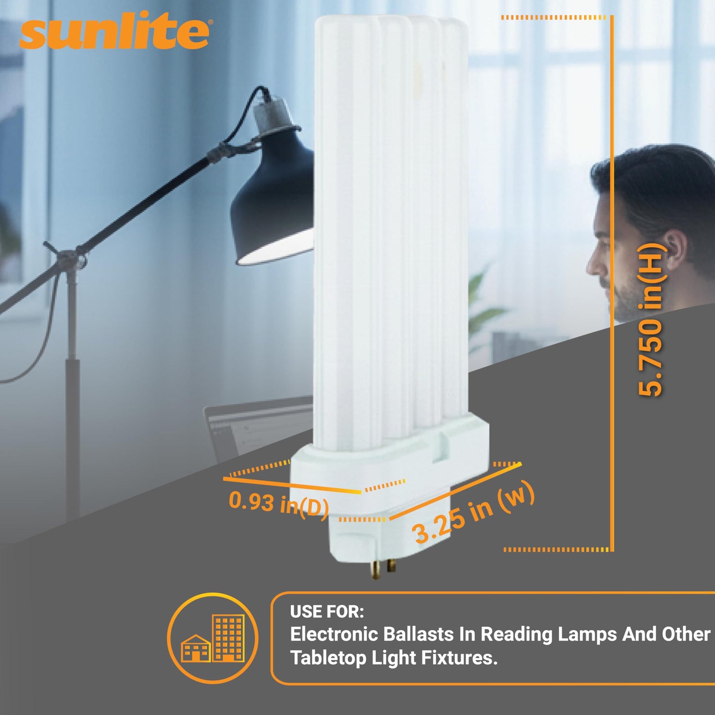Sunlite FML27/65K Quad Tube Plug-in Compact Fluorescent Lamp, FML 4-Pin, 27 Watts, 1500 Lumens, 6500K Daylight, 4-Pin (GX10q4) Base, 120 Volts, 1 Pack