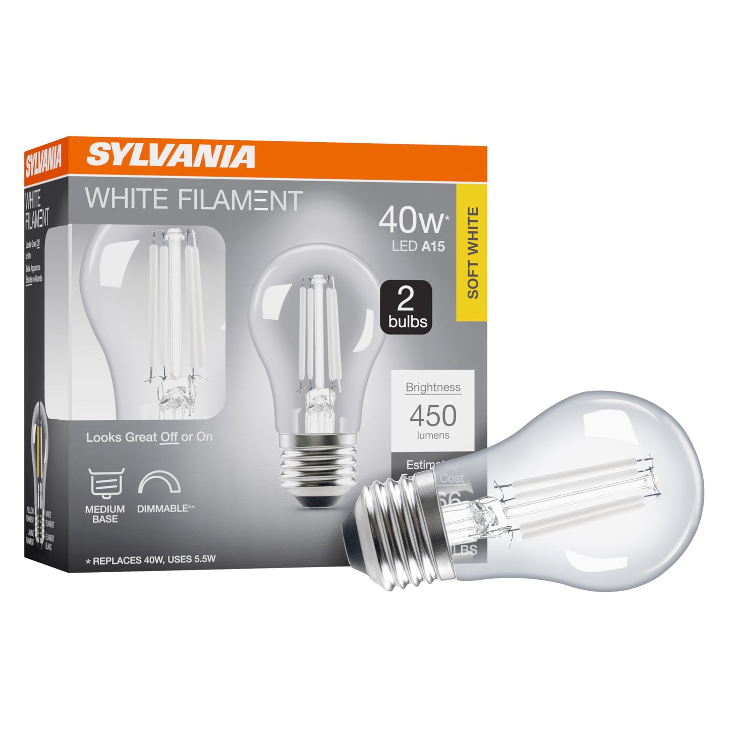Sylvania LED White Filament Refrigerator Light Bulb, Soft White 2700K, A15 Fridge Light Bulb, Appliance Bulb for Ceiling Fan Light Bulbs, 40W