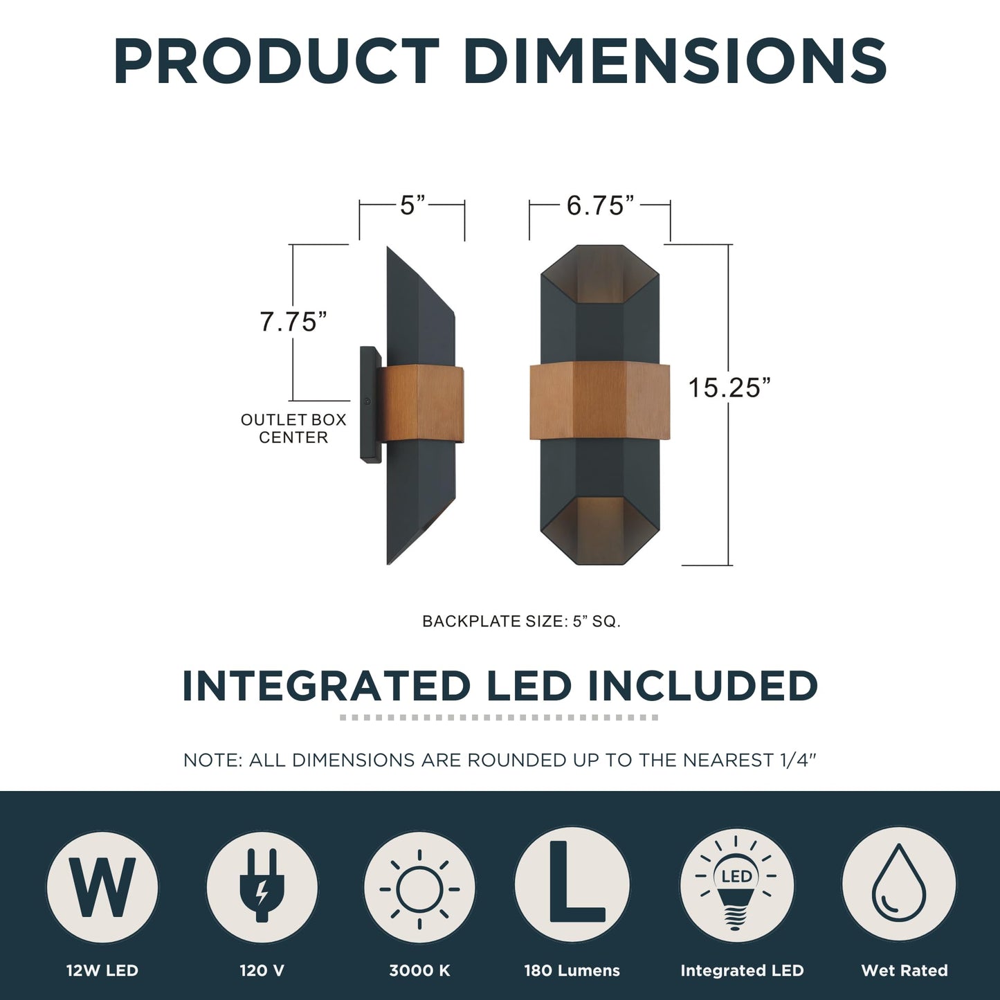 Quoizel Chasm Modern Outdoor Wall Lantern, 15 Inch Geometric Coastal Armour Matte Black Wall Sconce, Painted Wood Band Accent, 12W Integrated LED