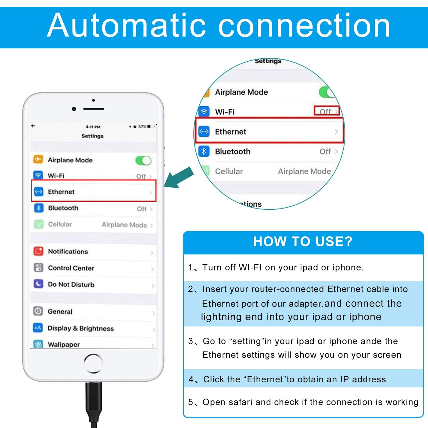 Lightnning to Ethernet RJ45 Adapter for iPhone/iPad [Apple MFi Certified], Plug and Play iPhone High Speed Ethernet Adapter Support 10/100 Mbps