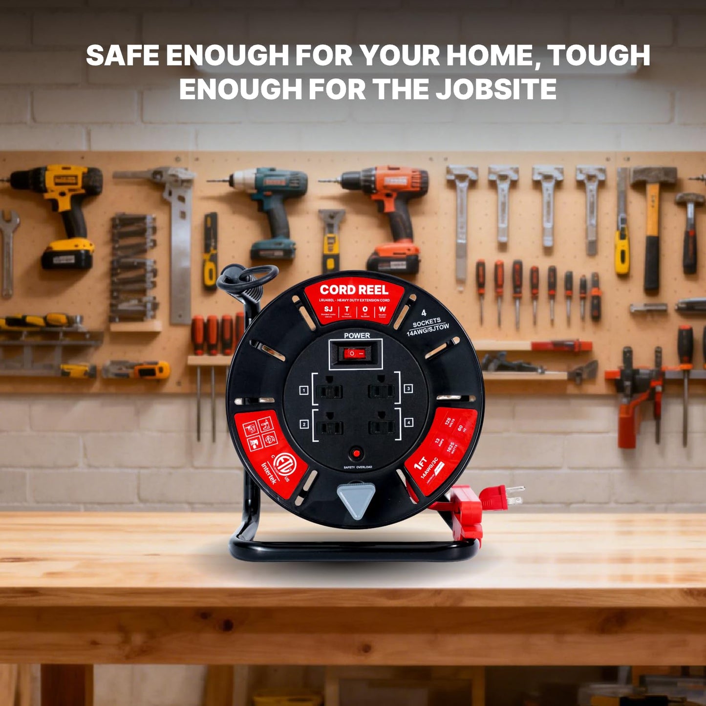 Txecpro 1ft Cord Reel, Retractable Extension Lead with Winding Handle, Safety Overload Circuit Breaker and Power Switch, 4x Grounded Outlets, 13amps