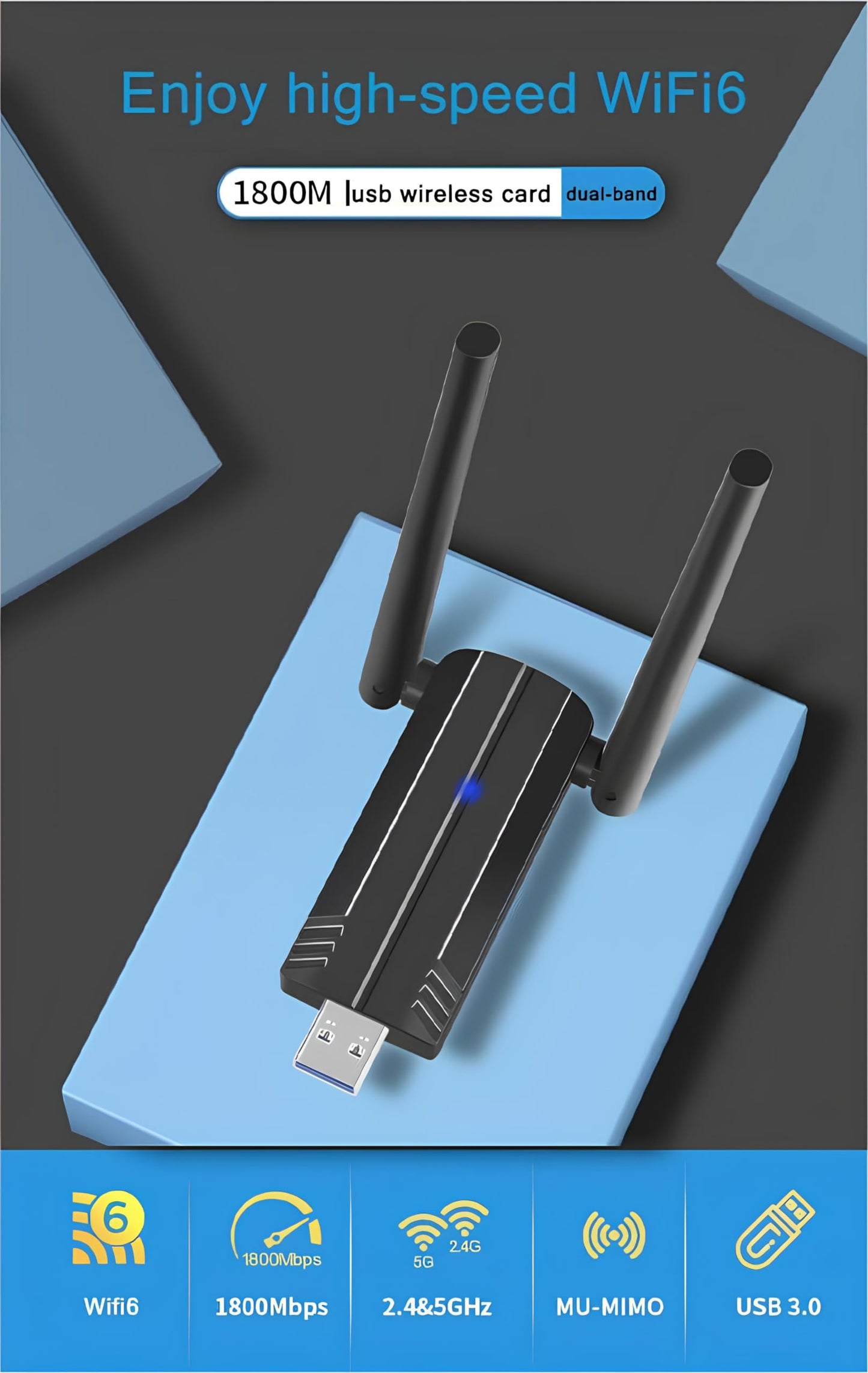 BINKMAGIC WiFi 6 Adapter for Desktop PC, AX1800 USB 3.0 WiFi Dongle Dual Band 5GHz/2.4GHz Wireless Network Adapter with 2x5dBi High Gain Antennas