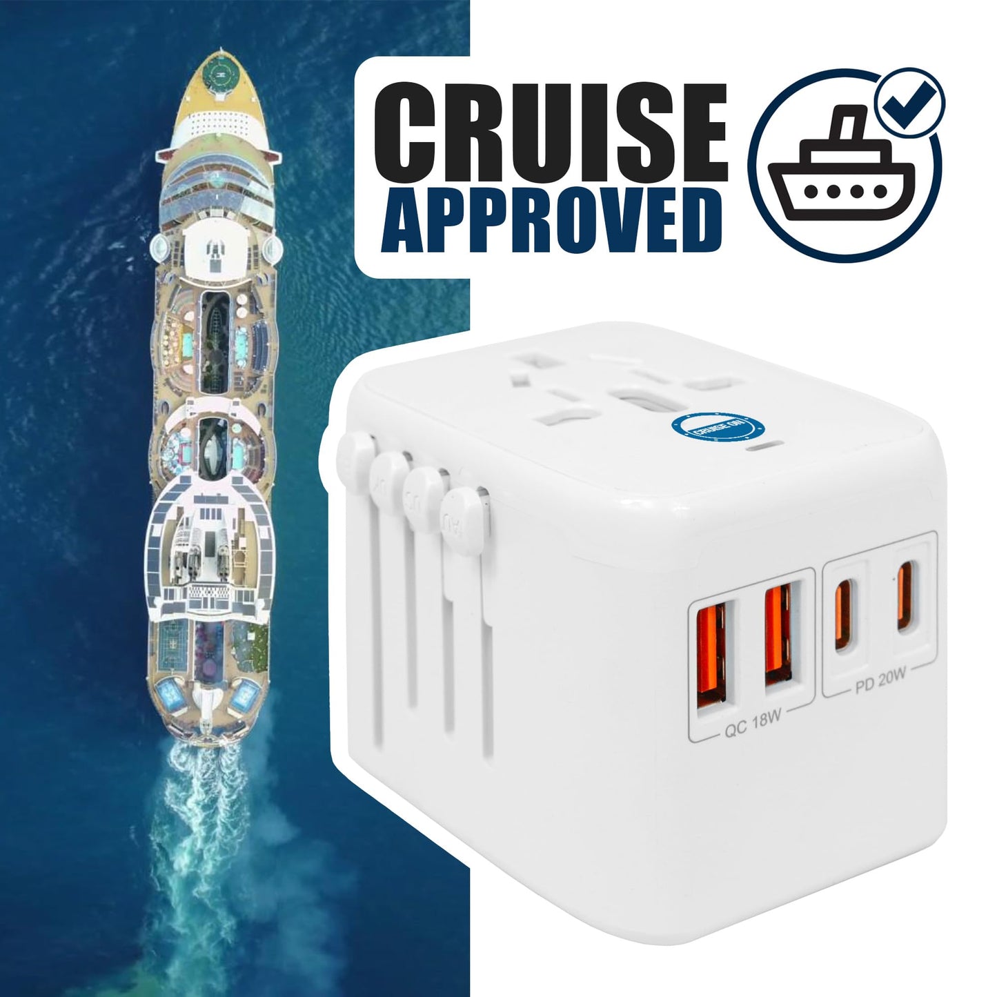 Cruise On Universal Travel Adapter, Cruise Approved (incl Royal Caribbean, Disney, MSC) - International Power Adapter [2 USB-C, 2 USB, AC] World…