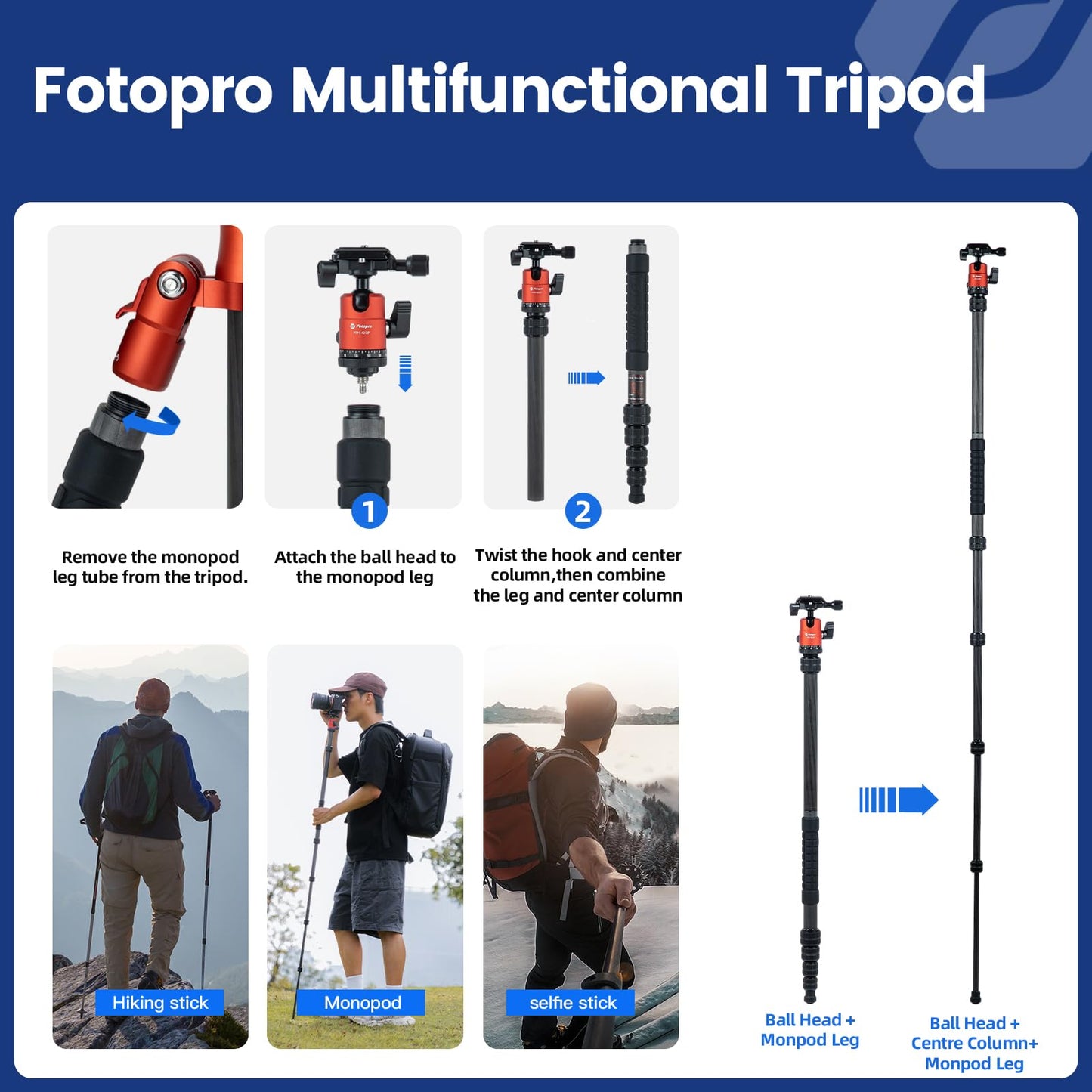 Fotopro 62" Carbon Fiber Travel Tripod, Lightweight Compact Camera Tripod with Ball Head, Detachable Monopod with Arca-Swiss Release Plate and Bag