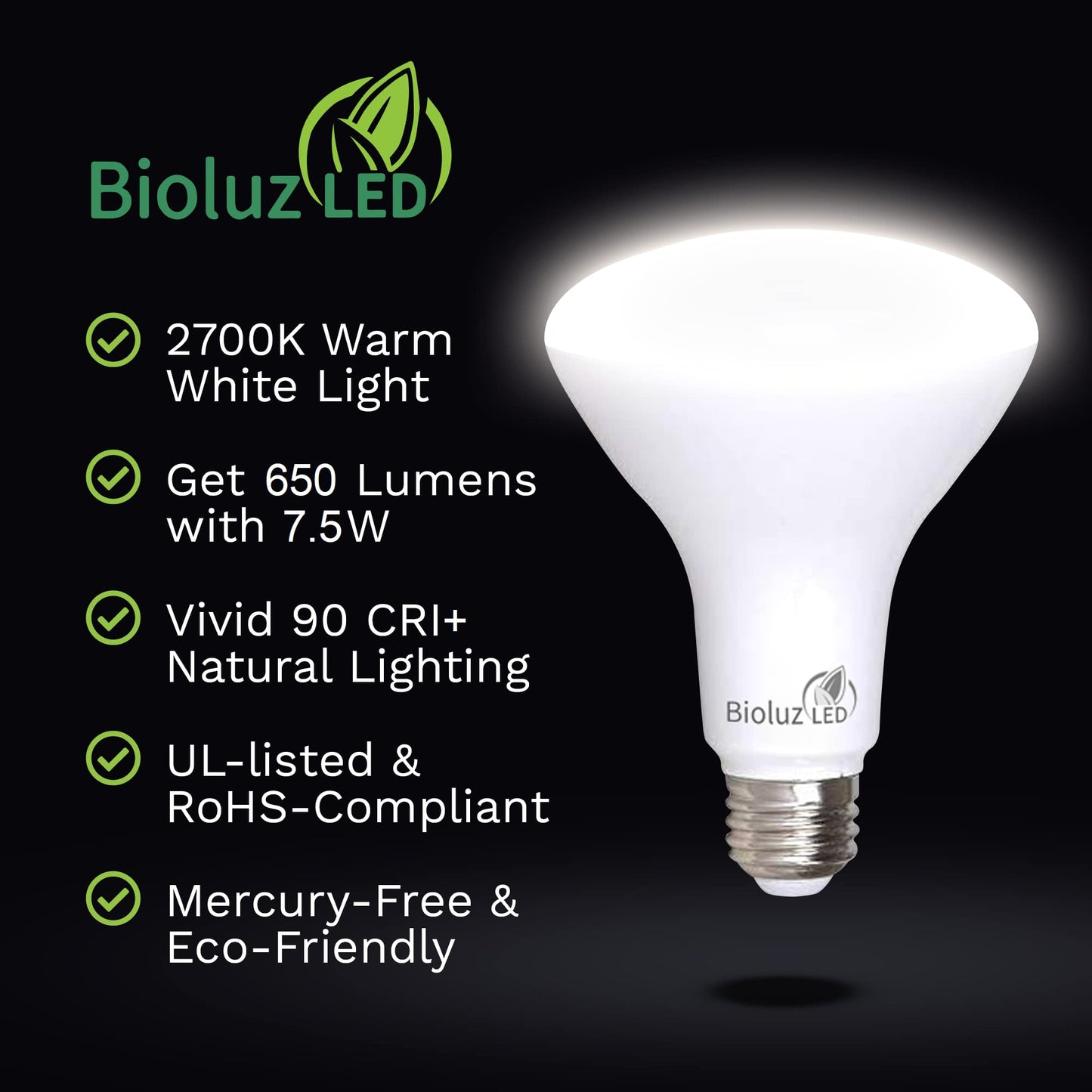 Bioluz LED 4 Pack BR30 LED Bulbs Indoor Flood Lights 90+ CRI 65W Equivalent uses 7.5W 2700K Warm White 650 Lumens E26 Base Dimmable Instant On