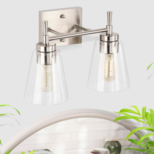 Edvivi 2-Light Bathroom Light Fixtures, Brushed Nickel Vanity Light Over Mirror, Indoor Wall Sconce with Clear Cone Glass Shade, Wall Lamp