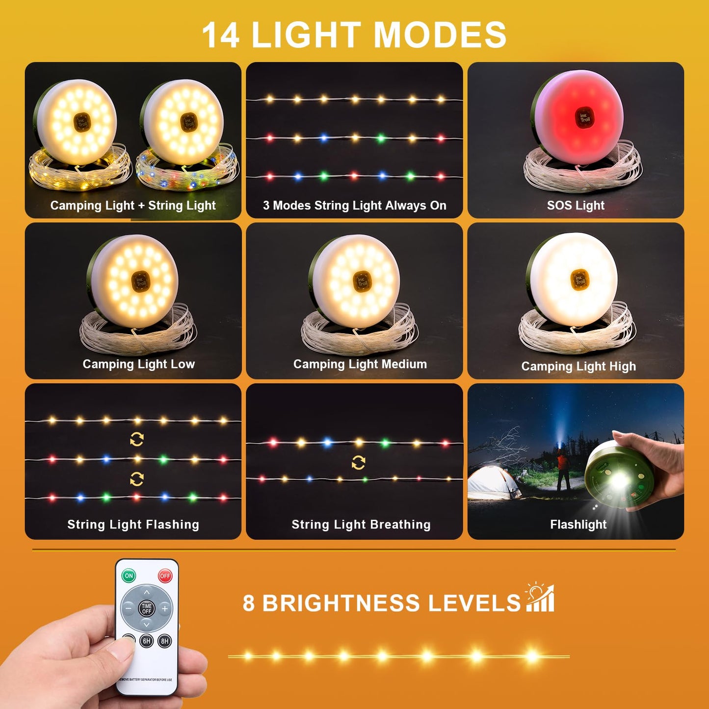 Camping String Lights, 4 in 1 Quick Storage 33FT Rechargeable Tent Lights with 14 Lighting Modes, Hanging Waterproof Portable Retractable LED Lamp