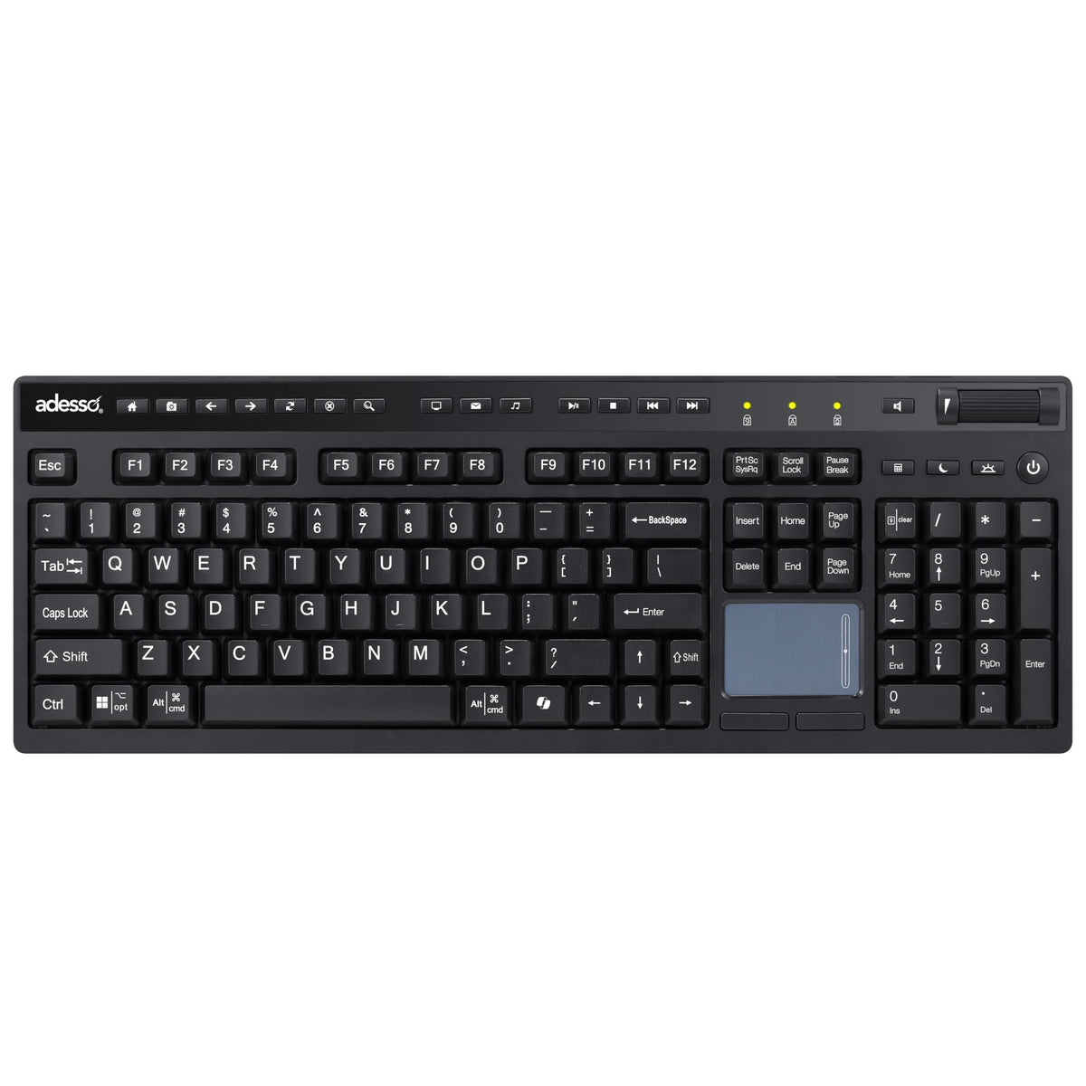 Adesso Wireless Keyboard with Touchpad 104 Key Full Size USB Dongle Receiver Multi OS Support Works with MacOs System & Multimedia Hotkeys Volume