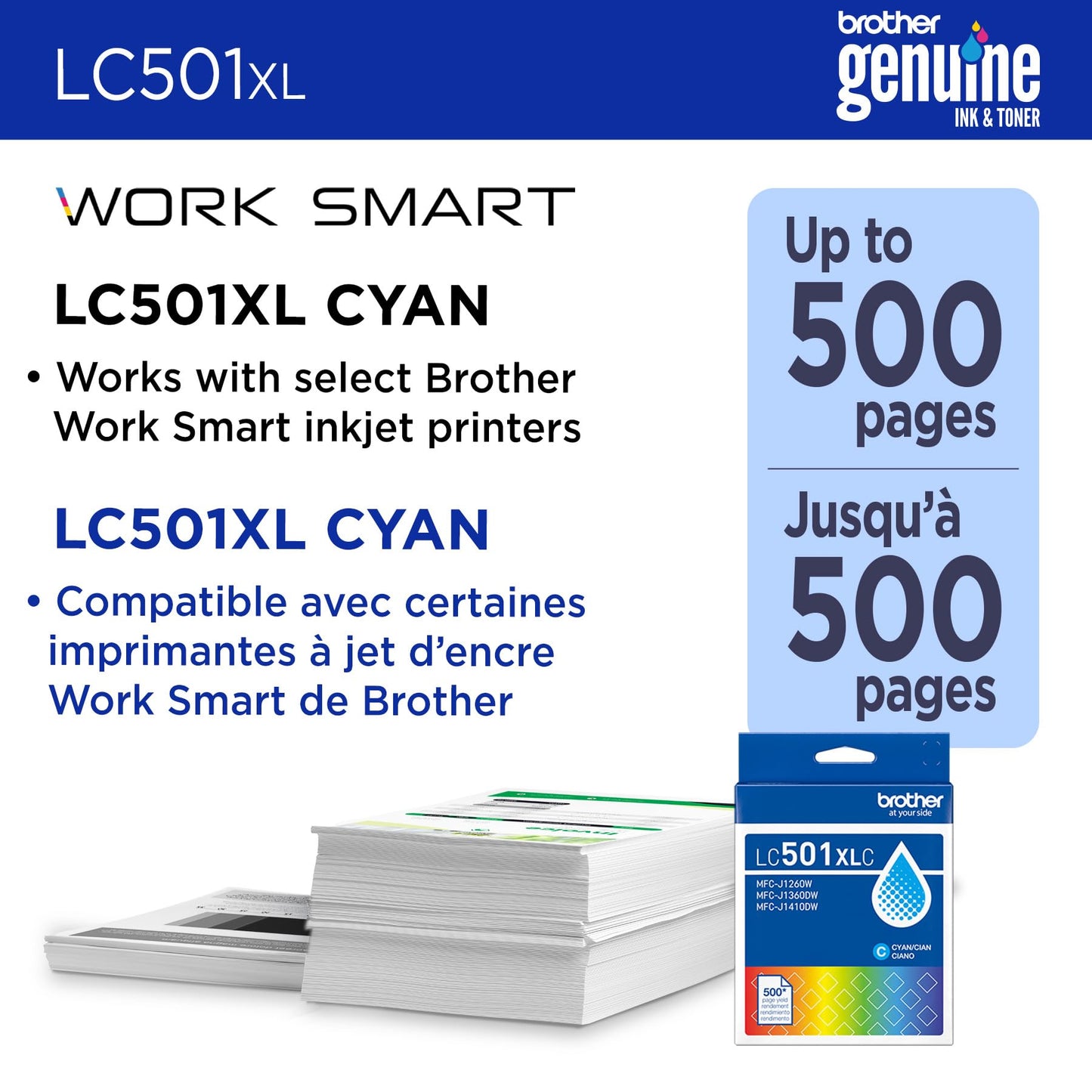 Brother Genuine LC501XLC High Yield Cyan Ink Cartridge (for use with Work Smart 1260, 1360, and 1410 Printers)