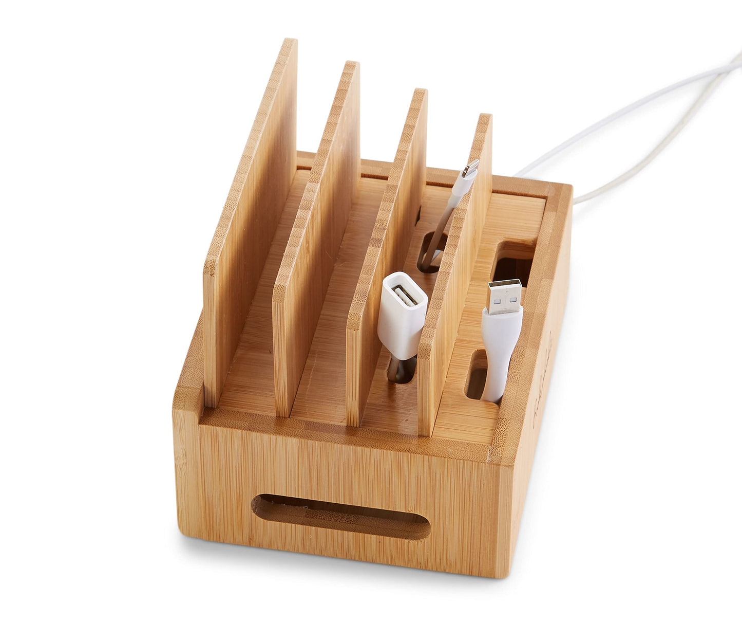 Bamboo Charging Station & Multi-Device Organizer - Large Capacity Desktop Dock for Smartphones, iPhone, iPad, and Tablets