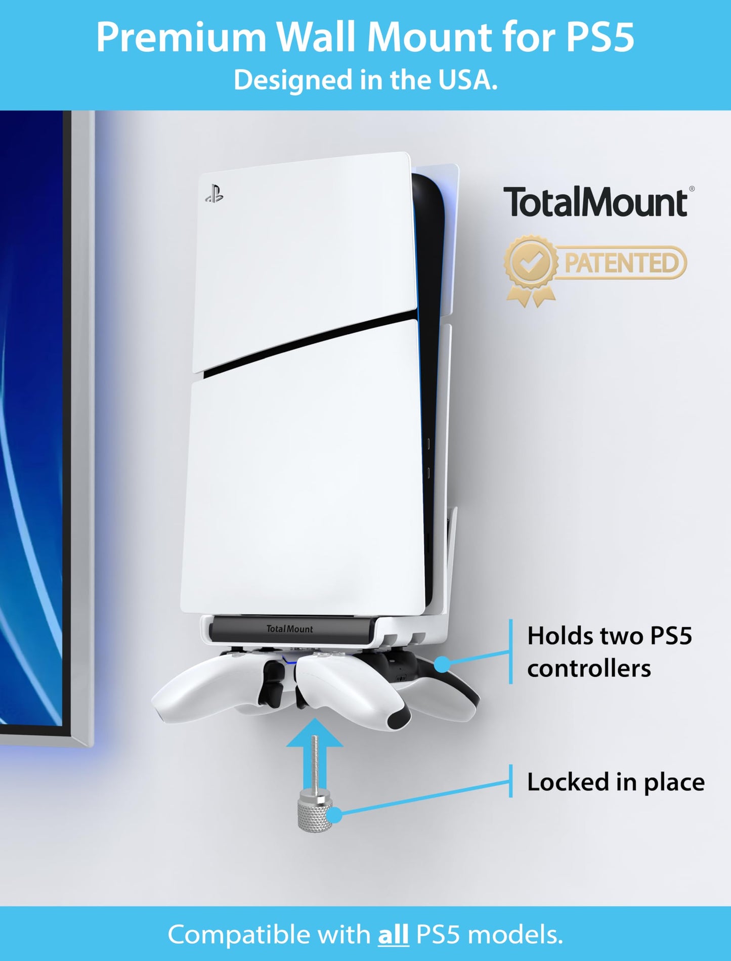TotalMount Wall Mount for All PS5 Models - Bonus: Holds Two Controllers (Compatible with All PS5 Models Including Slim, Pro, and Original)