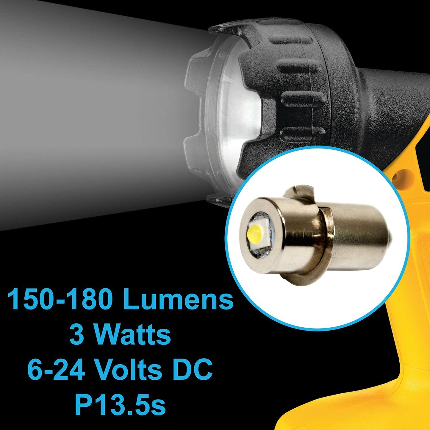 HQRP High Power Upgrade Bulb 3W LED 180LM 6-24V for Ryobi Ridgid 7811502 / Lowe Kobalt 18v Ni-Cad Flashlight Plus Coaster