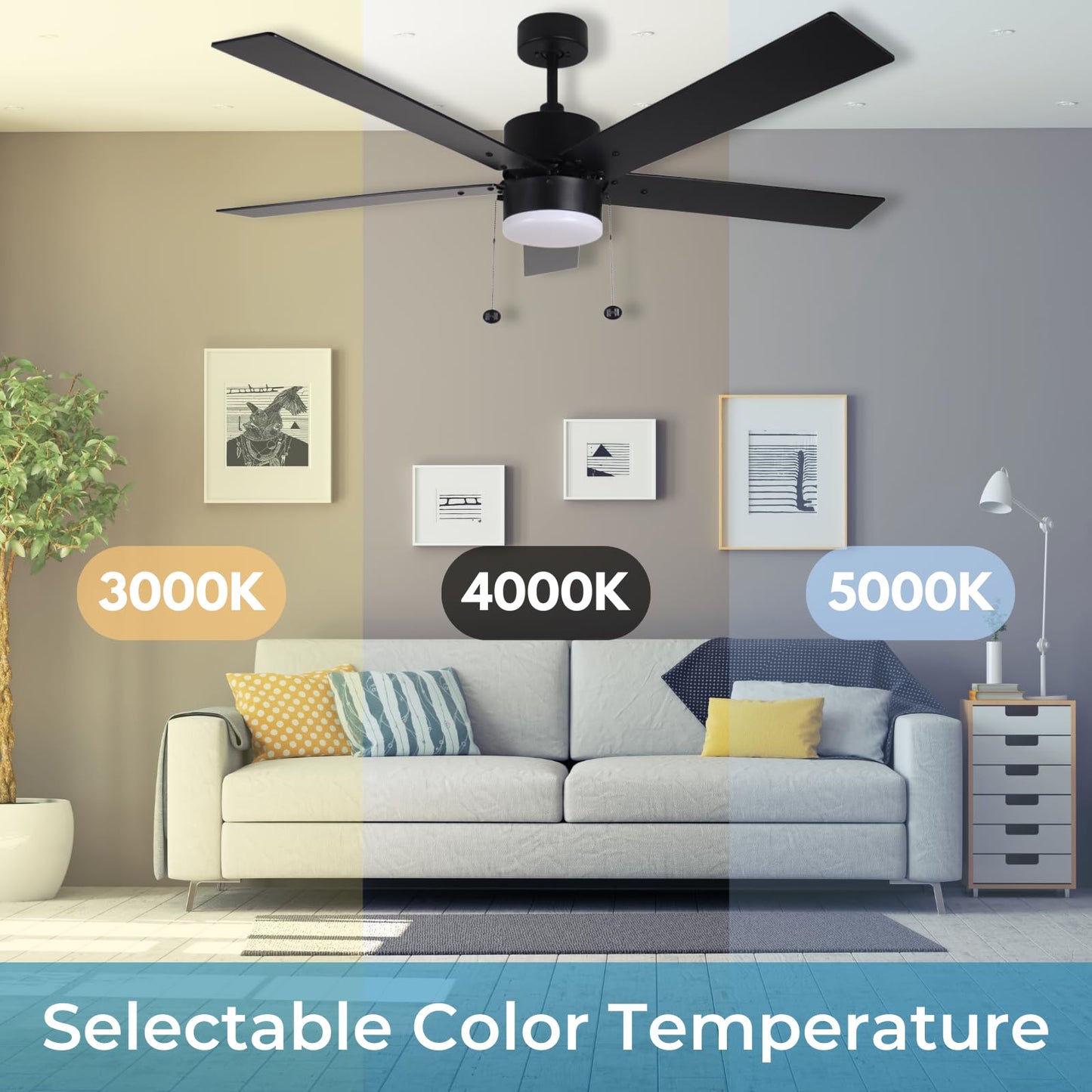 HOMEnhancements 54 Inch Ceiling Fan with LED Light Matte Black Indoor/Outdoor Ceiling Fan with Pull Chain Dimmable 3-Color Temperature 3000K 4000K