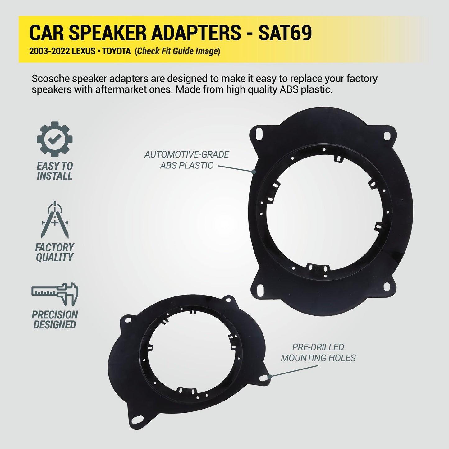 Scosche SAT69 6X9" to 6.5-6.75” Speaker Adapters Compatible with Select 2003-22 Lexus and Toyota Vehicles - 6 1/2" to 6 3/4" Adapter for Car Door