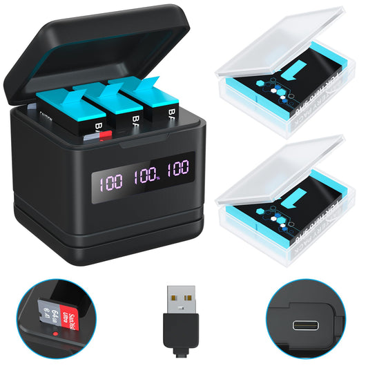 2 Pack Batteries for Hero 9/10/11/12 2000mAh and Storage Quick Charger with High Speed Micro SD Card Reader Function, Fully Compatible with The