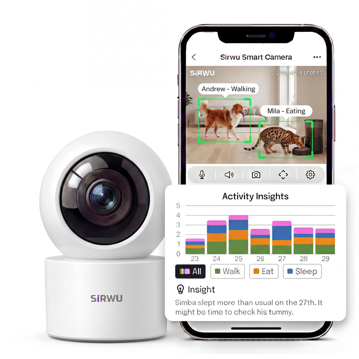 Sirwu AI Pet Camera Indoor with Phone App, Dog Camera with Speaker, Multi-Pet Recognition & AI Day Summary, 2K 3MP Cat Camera for Indoor, 360° Auto