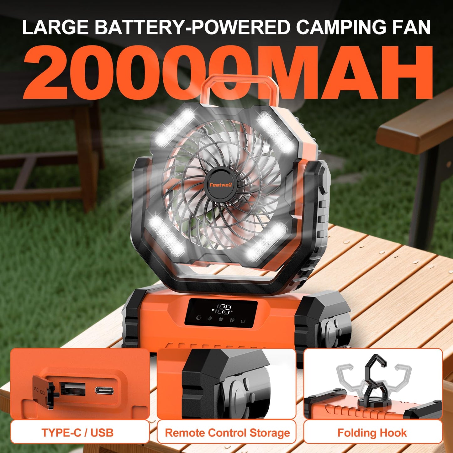 Featwell 20000mAh Portable Fan with Touch Screen, 5-Speed Strong Airflow LED Camping Fan, Ventilador Recargable with Remote for Tent, Camping, Indoor