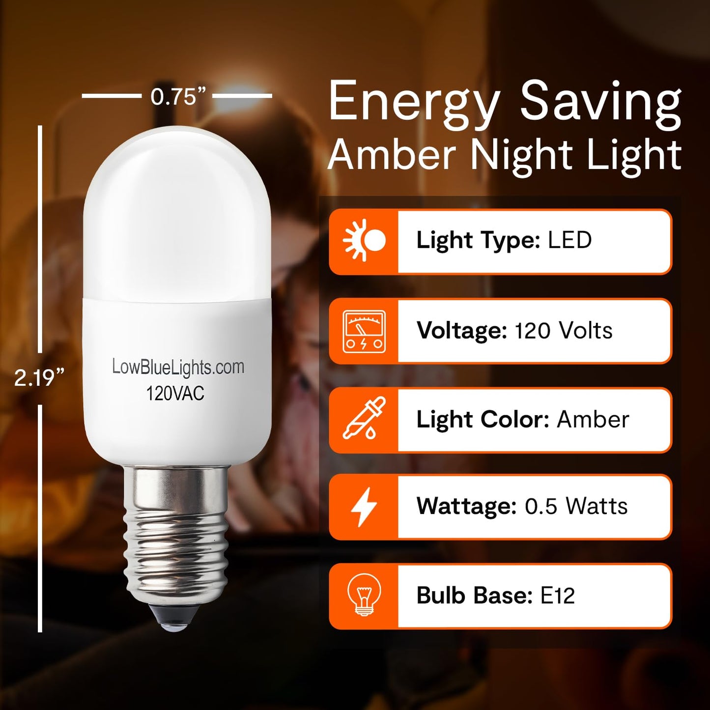 LowBlueLights Amber Night Light Bulb, E12 Candelabra LED (120V, 0.5W)