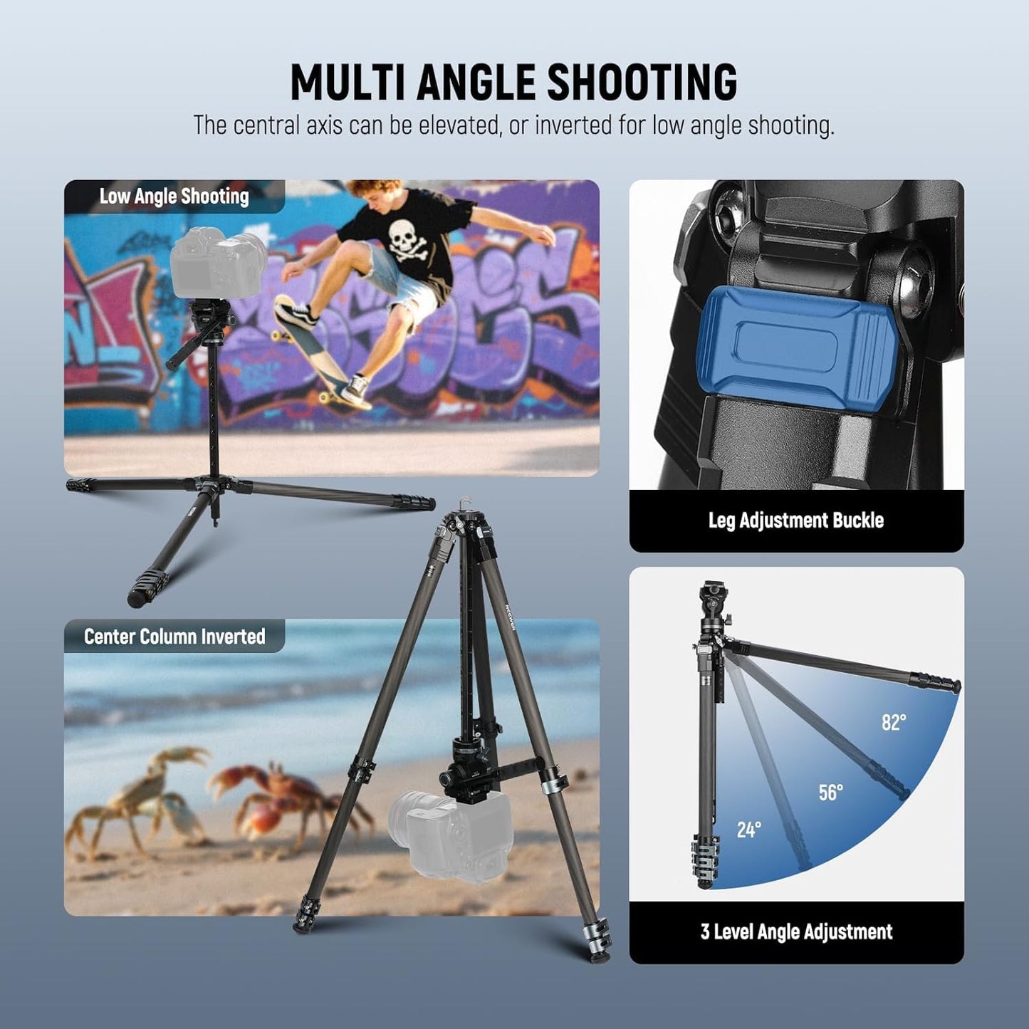 NEEWER 60.4" Travel Tripod Carbon Fiber with Detachable Damped Fluid Head, Lightweight Video Camera Stand with Metal Quick Flip Buckle, Arca Type QR