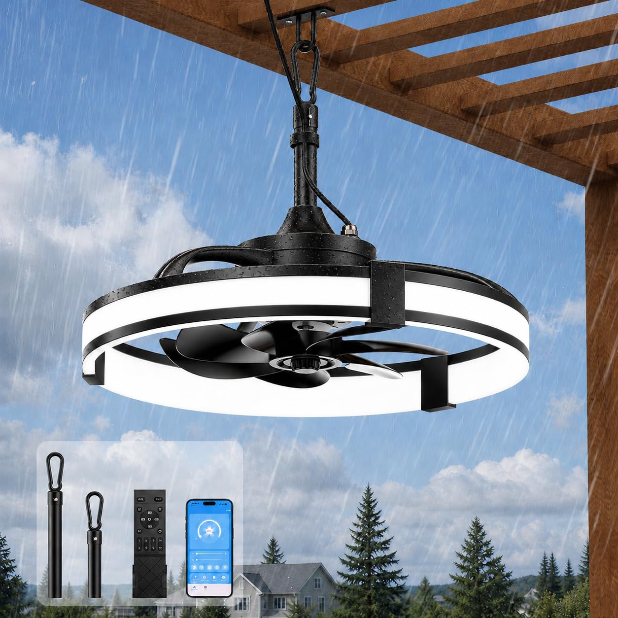 Ausic 20" Outdoor Ceiling Fan with Light, IP65 Waterproof Outdoor Gazebo Fan for Patios, Plug in Caged Hanging Fan with Remote Control Smart App 3CCT