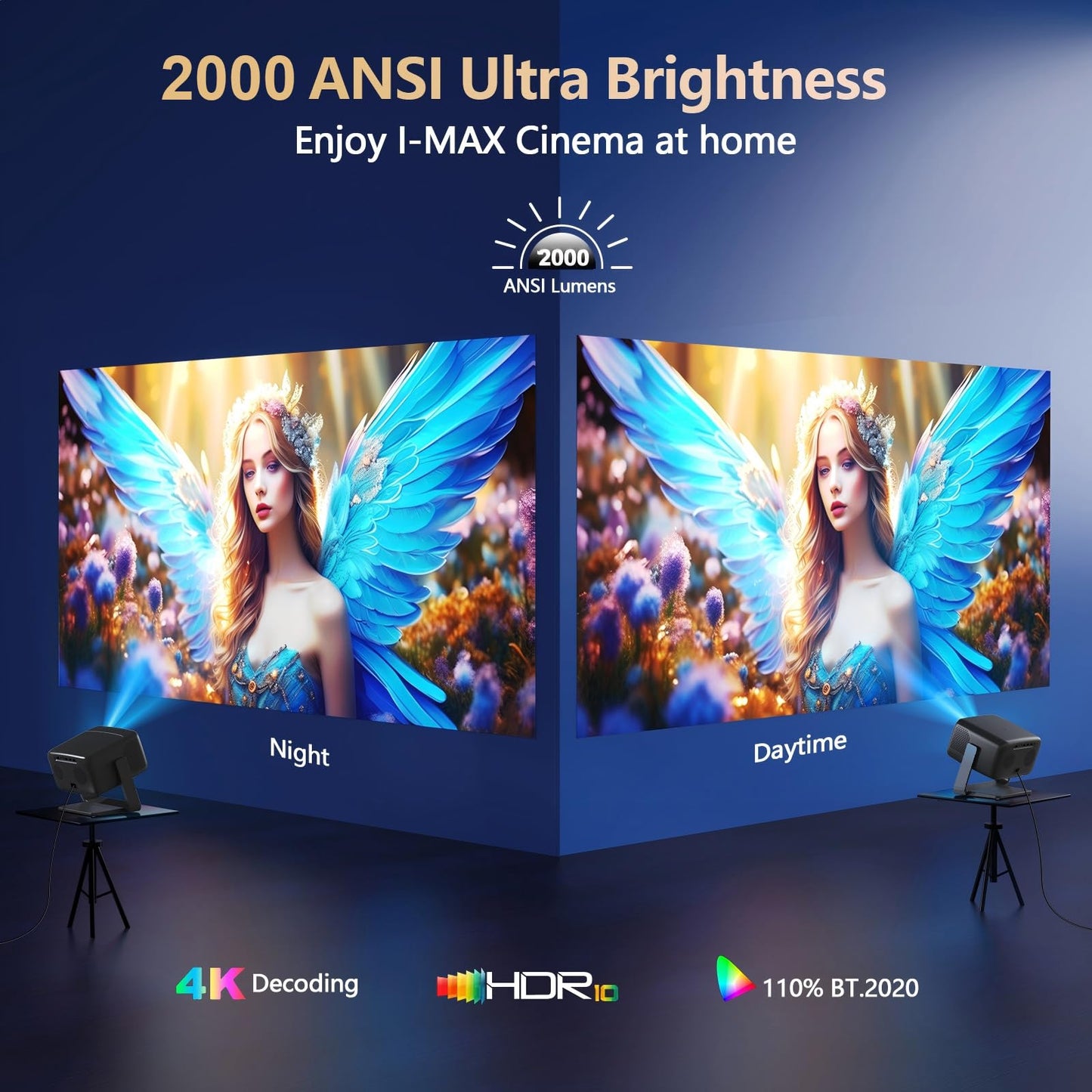 2500 ANSI/ Official Apps/360°Stand 4K Projector with WiFi and Bluetooth, Auto Focus, Auto Keystone Short Throw Projector Native 1080P Support 36W