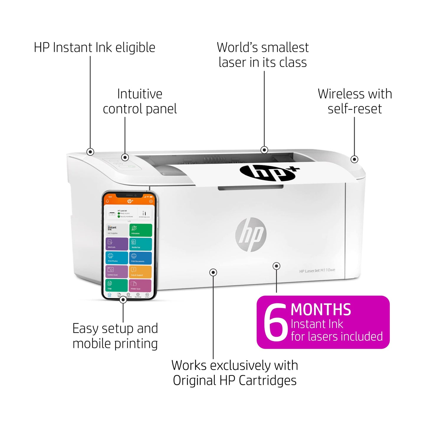 HP LaserJet M110we Wireless Monochrome Printer with HP+ and bonus 6 months Instant Ink (7MD66E)