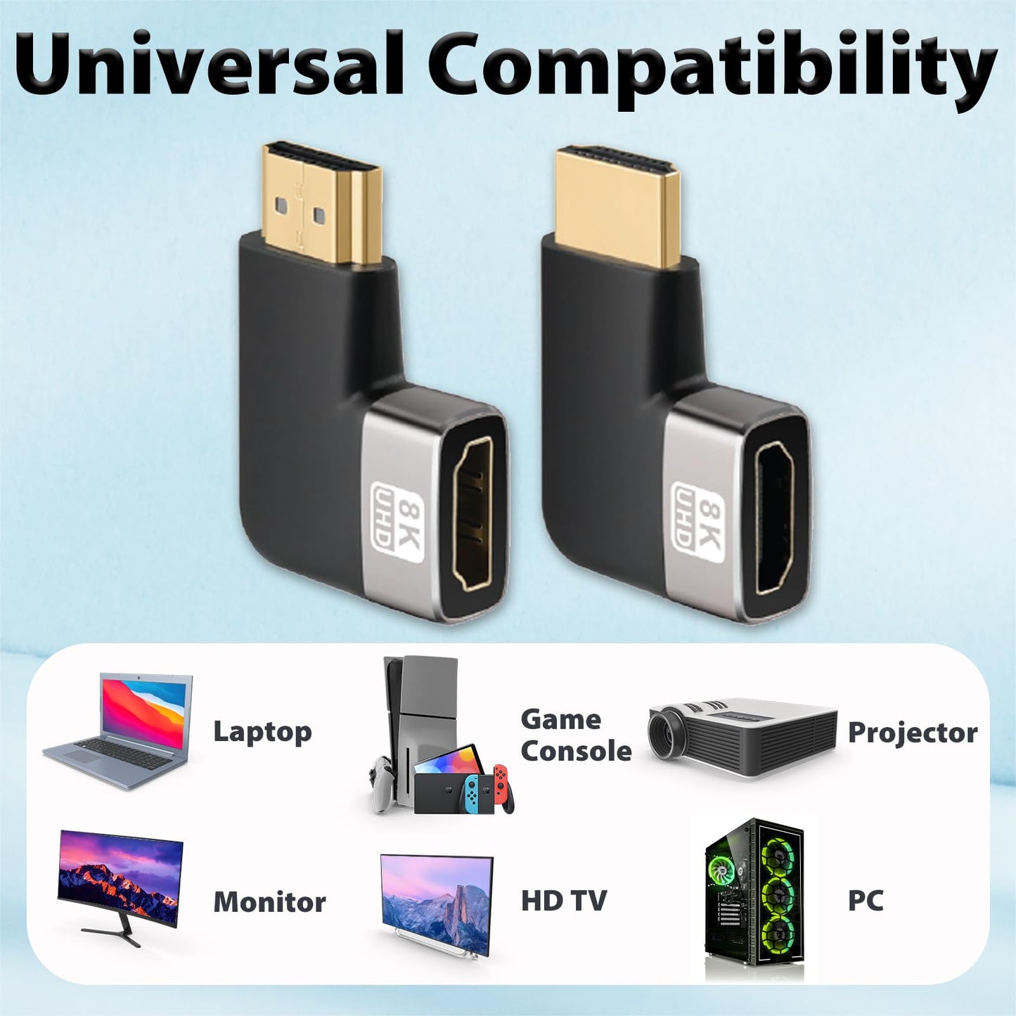 Cyberguys! 90 Degree & 270 Degree Right Angle HDMI Adapter 2 Pack, HDMI Coupler for Tight Space, 8K@60Hz 4K@120Hz HDMI 2.1 Extension Connector, Gold