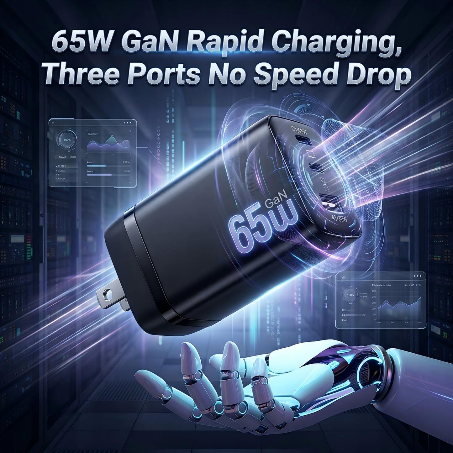 65W USB C Charger Block, 3-Port GaN III Fast Charger, Foldable Wall Charger with 6FT 240W Braided Cable Compatible iPhone 17Pro/16, Mac Book