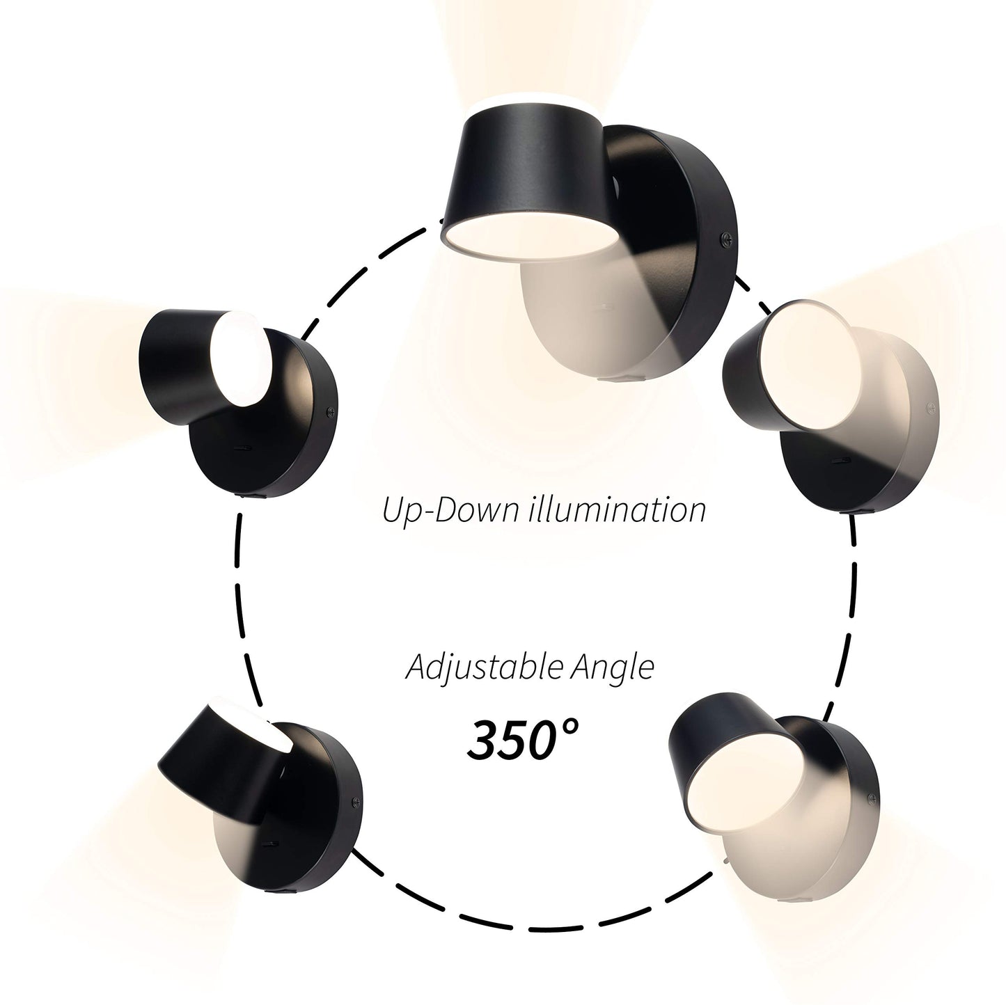URSOLA Wall Light Set of Two, LED Wall Sconce with On/Off Switch USB Charging Port 110 Volt Hardwired Wall Lamp 350 Rotatable Up Down Sconces Wall