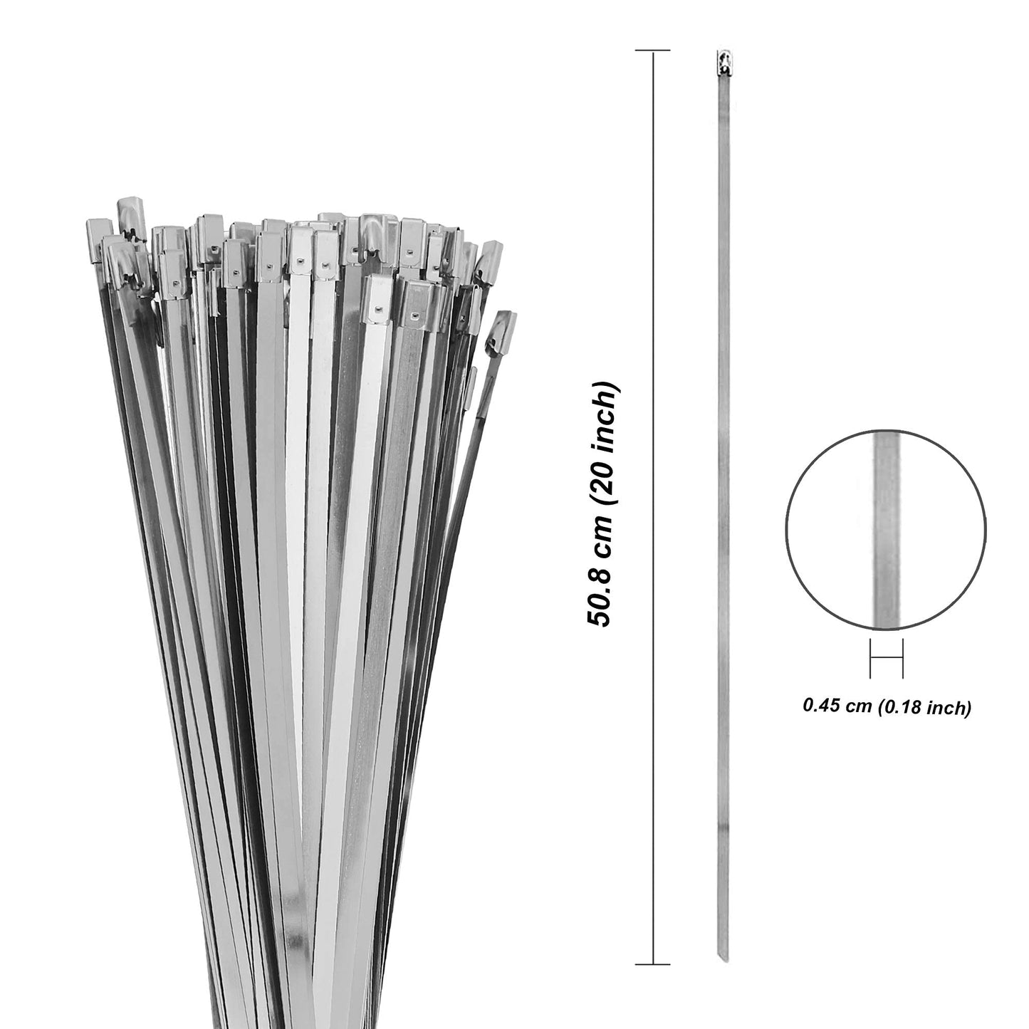 100 Pcs 20 Inch Metal Zip Ties Heavy Duty, Stainless Steel Cable Ties Metal Tie Wraps, 304 Stainless Steel Zip Ties with 200 Lbs Tensile Strength