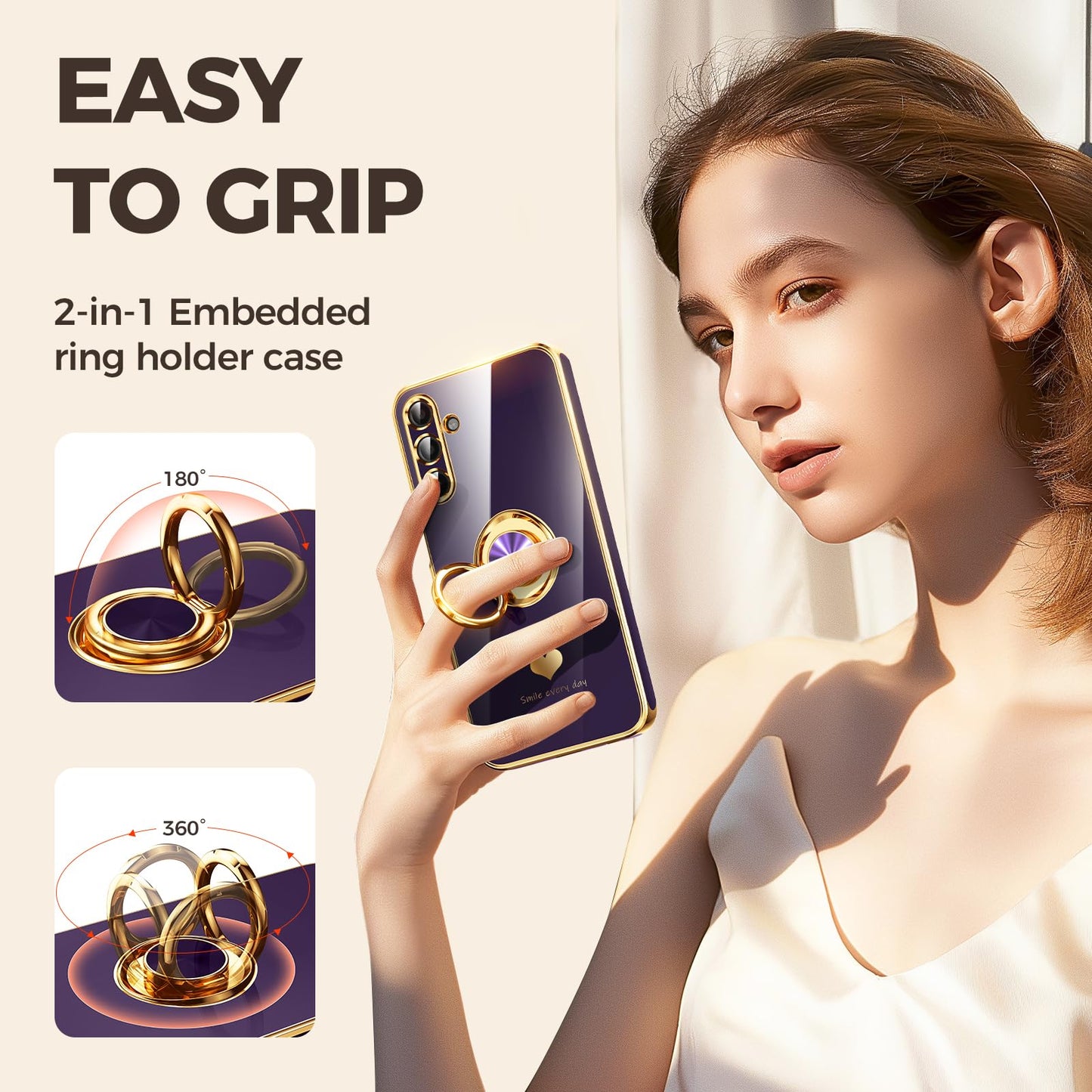 Nonional for Samsung Galaxy A15 5G Case with 2 Pack Screen Protector, 360° Rotatable Ring Holder [Luxury Hearts Pattern] Plating Gold Edge Slim Soft