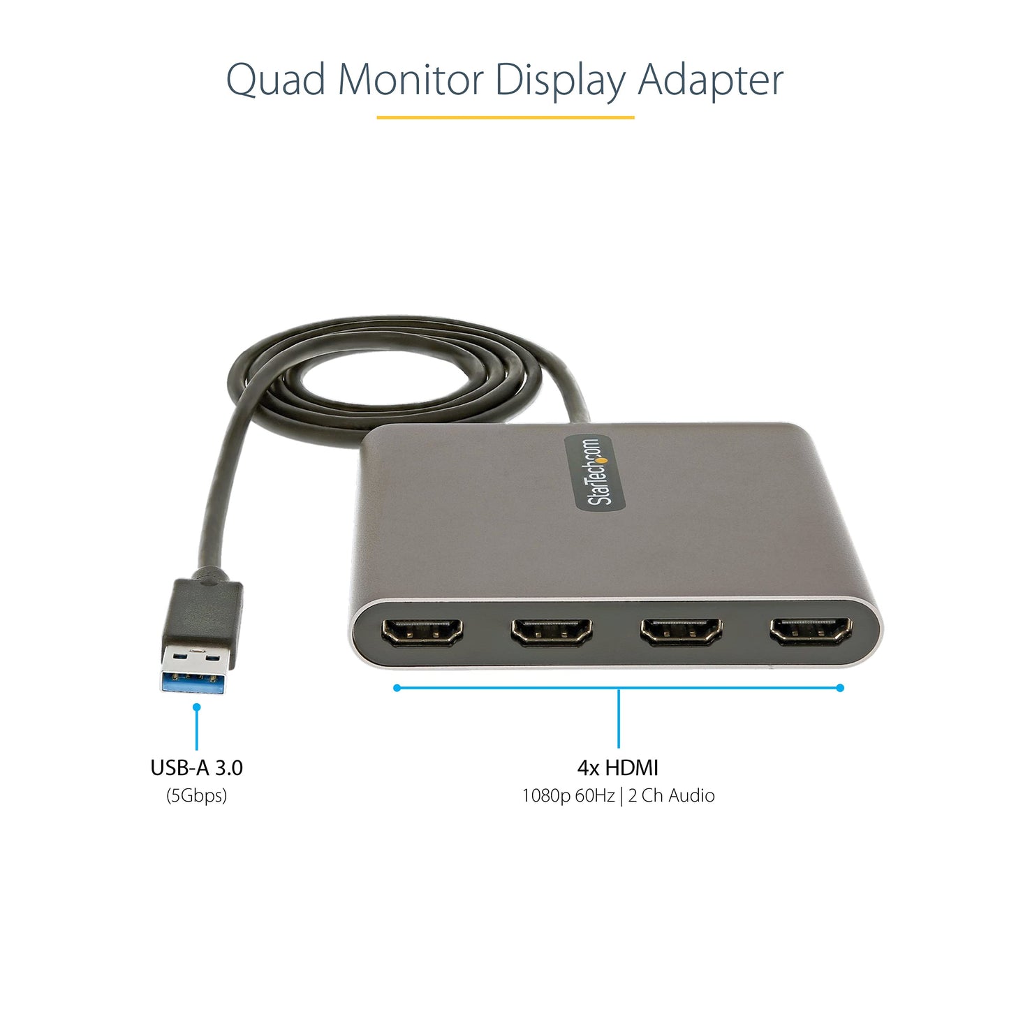 StarTech USB 3.0 to Quad HDMI Adapter, USB Type-A to 4 HDMI Monitor Converter, External Video Graphics Card, 4x 1080p 60Hz, Windows Only, TAA, Laptops