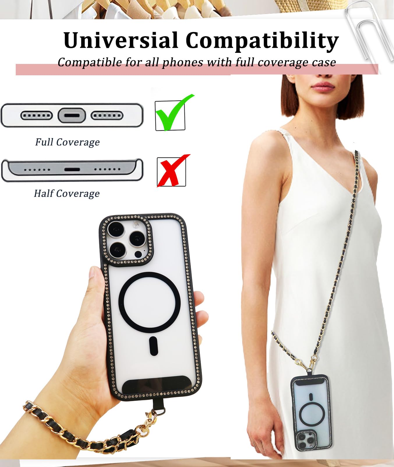 Vxhinqy Universal Crossbody Phone Strap,Metal Cell Phone Chain Leather Anti-Theft Crossbody Lanyard for all smartphone with 1*Wrist Strap?2*Tether