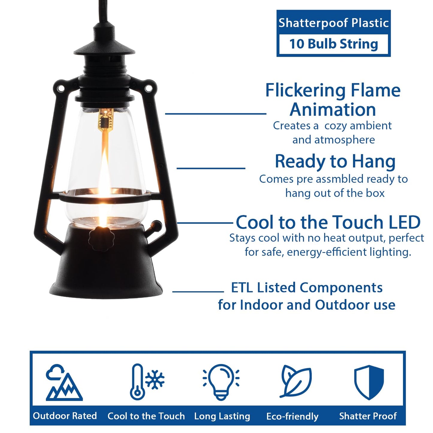 Festive Living 10 Light LED Flicker Flame Plastic Oil Lamp String Set, 20ft Black Wire - Indoor/Outdoor Vintage Flame Effect