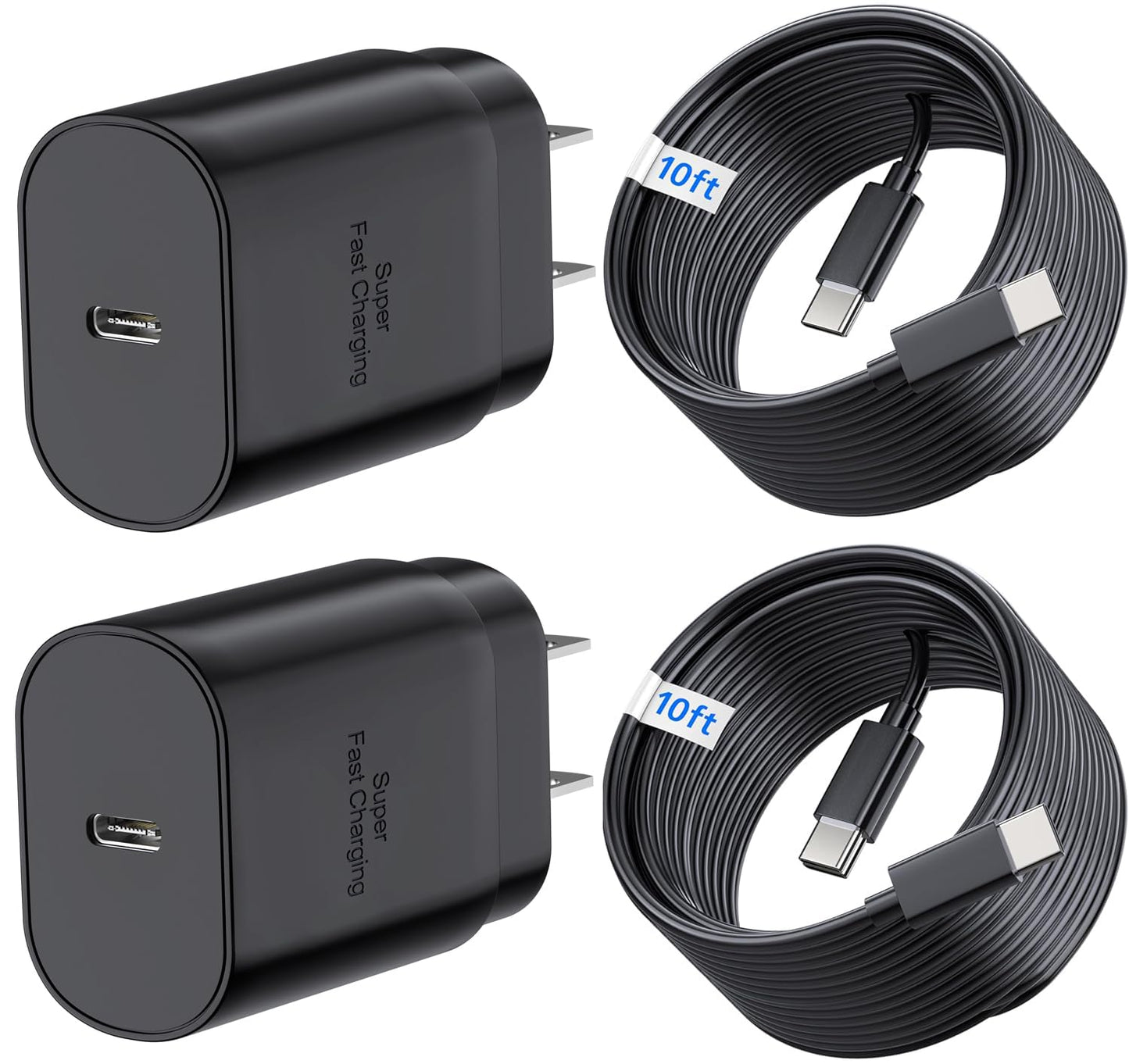 TT&C USB C Fast Wall Charger 25W 2-Pack with 10FT Extra Long Type-C Cables PD 3.0 PPS Charging Adapter Compatible with Samsung Galaxy S26, S25, S24