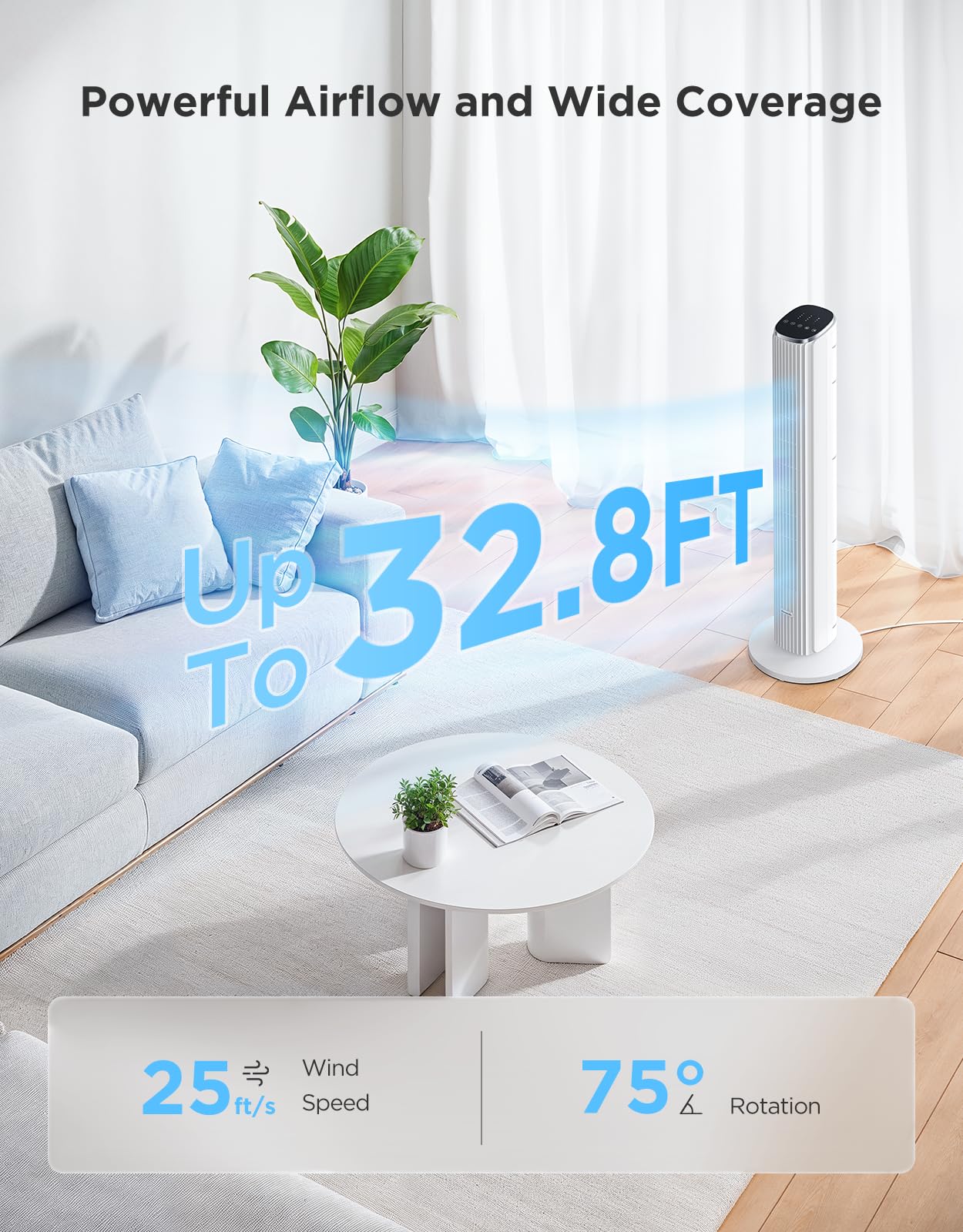GoveeLife 36 in. White Tower Fan for Bedroom, 5 Modes 8 Speeds up to 25ft/s