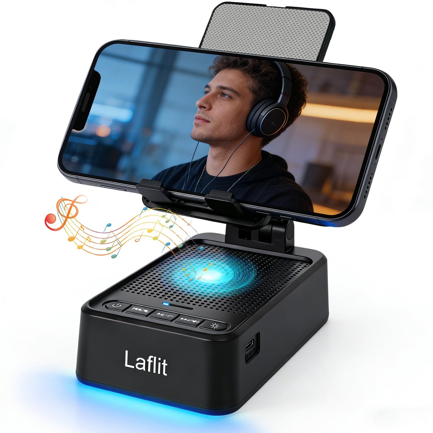 Laflit Gifts for Men Women, Phone Stand with Bluetooth Speaker & LED Ambient Light, HD Surround Sound Speaker, Compatible with All iPhone/Android