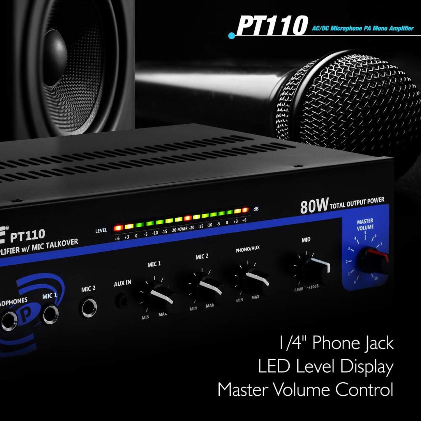Pyle Compact Mono Public Address Amplifier - Professional 80 Watt Peak 70v PA Amplifier for Restaurants or Commercial Applications, 2 Mic Inputs