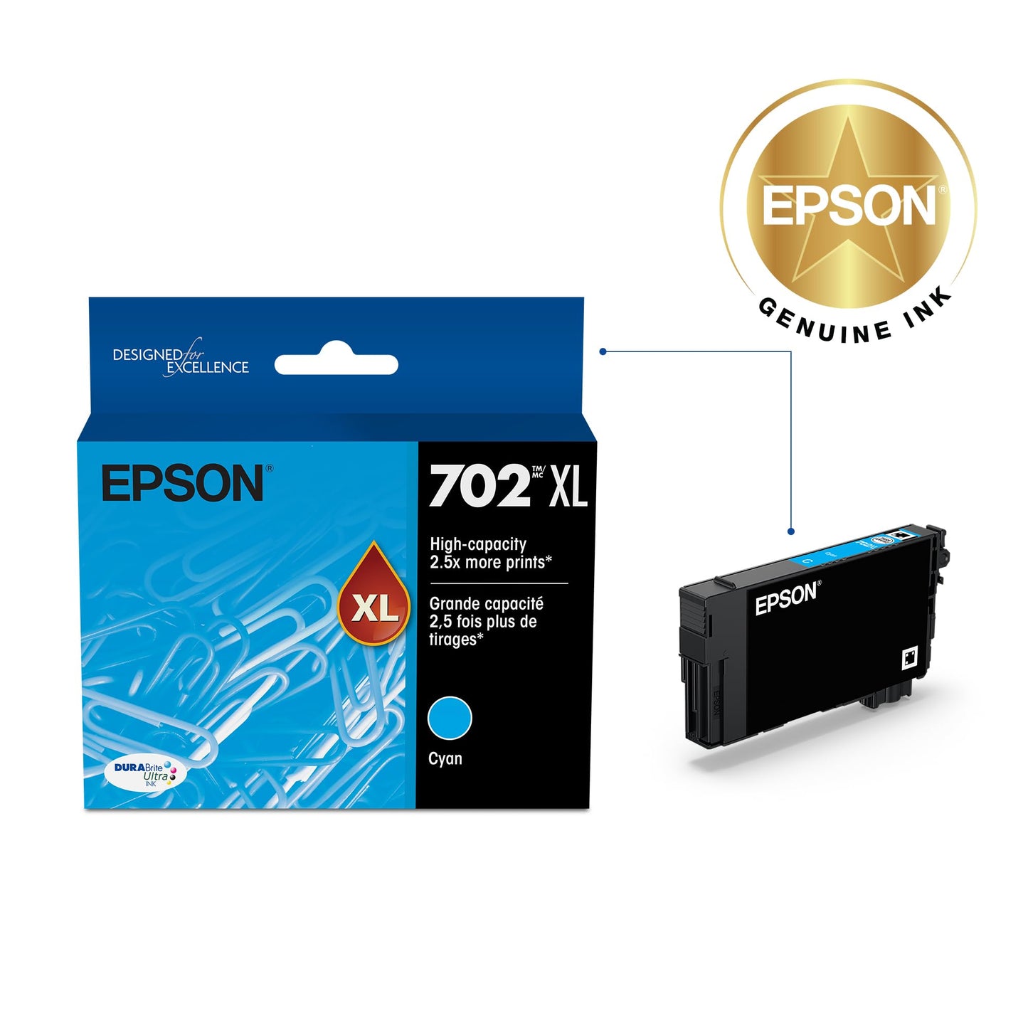 EPSON 702 DURABrite Ultra Ink High Capacity Cyan Cartridge (T702XL220-S) Works with WorkForce Pro WF-3720, 3730, 3733