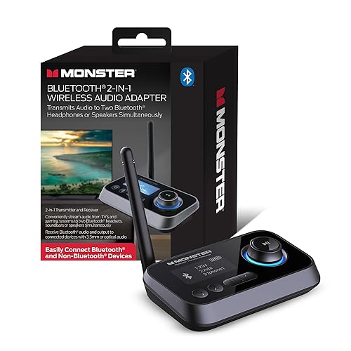 Monster Bluetooth Transmitter & Receiver, 2-in-1 Bluetooth Audio Adapter, Stream to/from NonBluetooth Devices, Stream TV to 2 Headphones, 33 ft Range