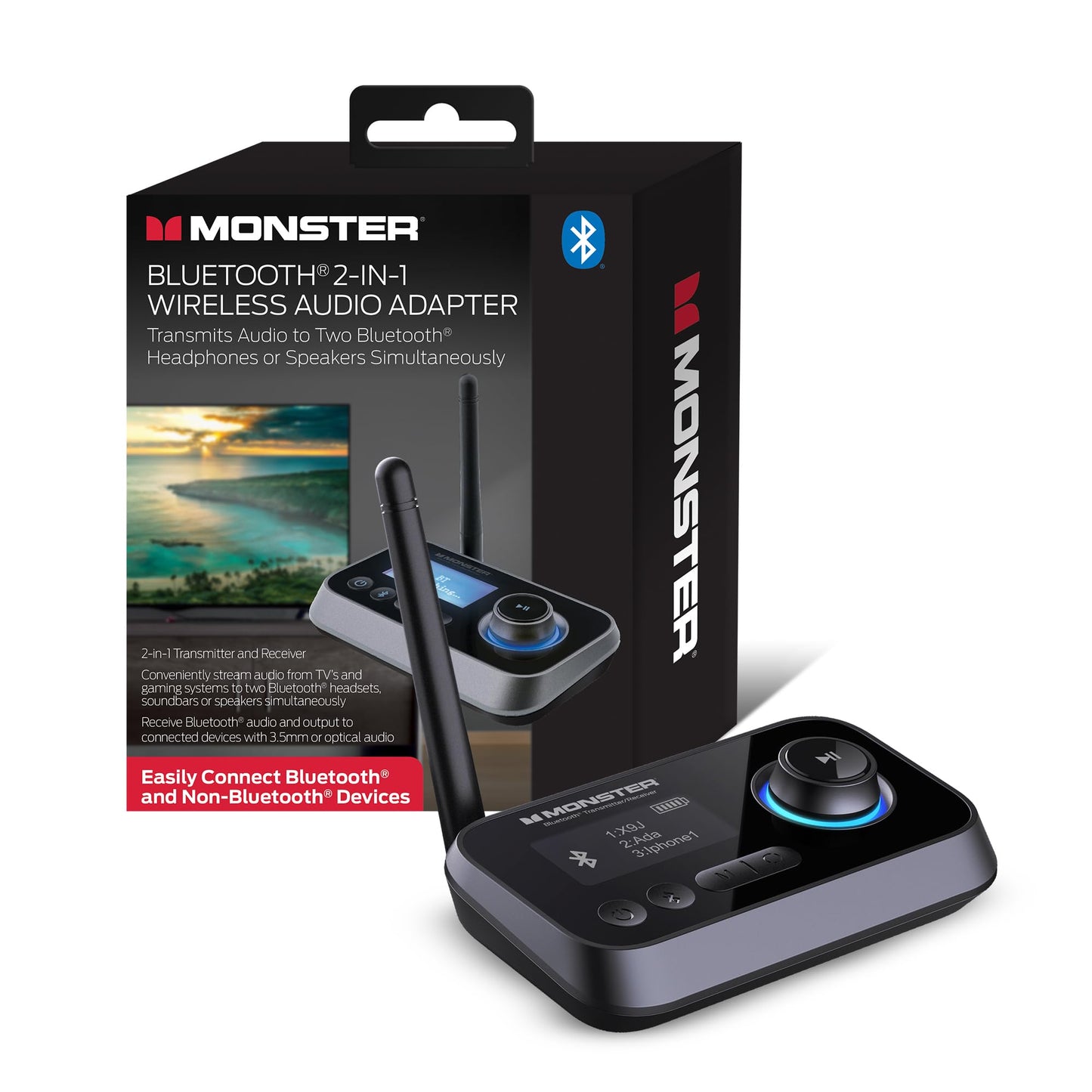 Monster Bluetooth Transmitter & Receiver, 2-in-1 Bluetooth Audio Adapter, Stream to/from NonBluetooth Devices, Stream TV to 2 Headphones, 33 ft Range