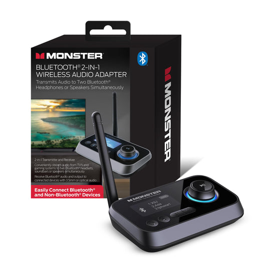 Monster Bluetooth Transmitter & Receiver, 2-in-1 Bluetooth Audio Adapter, Stream to/from NonBluetooth Devices, Stream TV to 2 Headphones, 33 ft Range