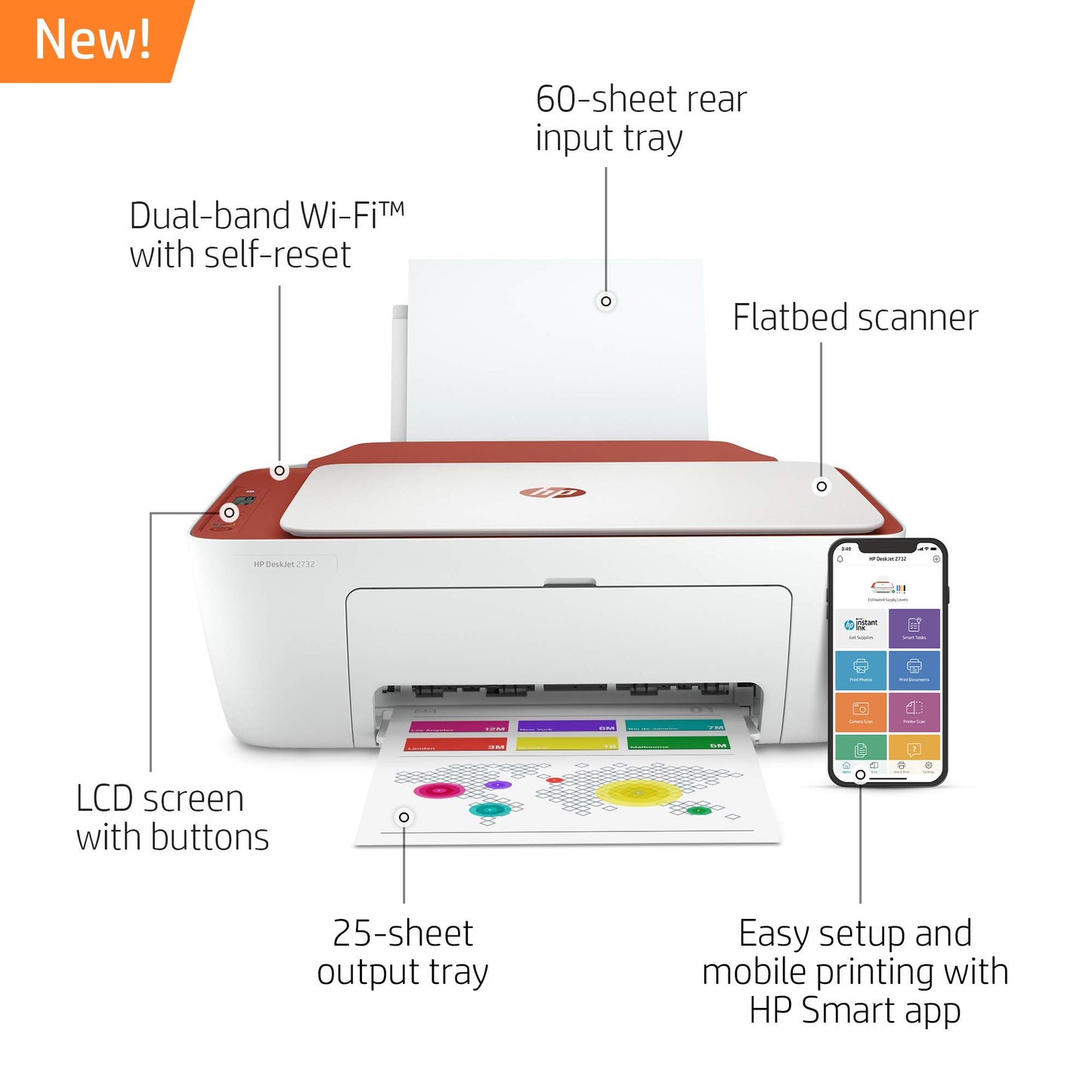 HP DeskJet 2732 Wireless All-in-One Compact Color Inkjet Printer - Instant Ink Ready, Terracotta 5AR84A (Renewed)