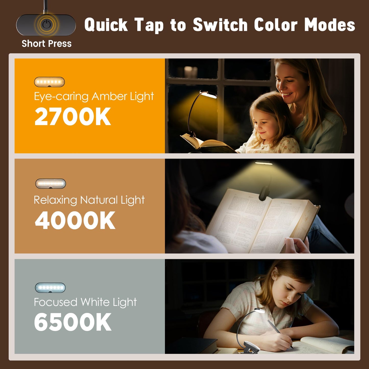 Yollber Clip-On Book Light for Reading at Night -Rechargeable 14 LEDs with 3 Color Modes & Stepless Dimming Brightness, Eye-Care, USB-C Charging