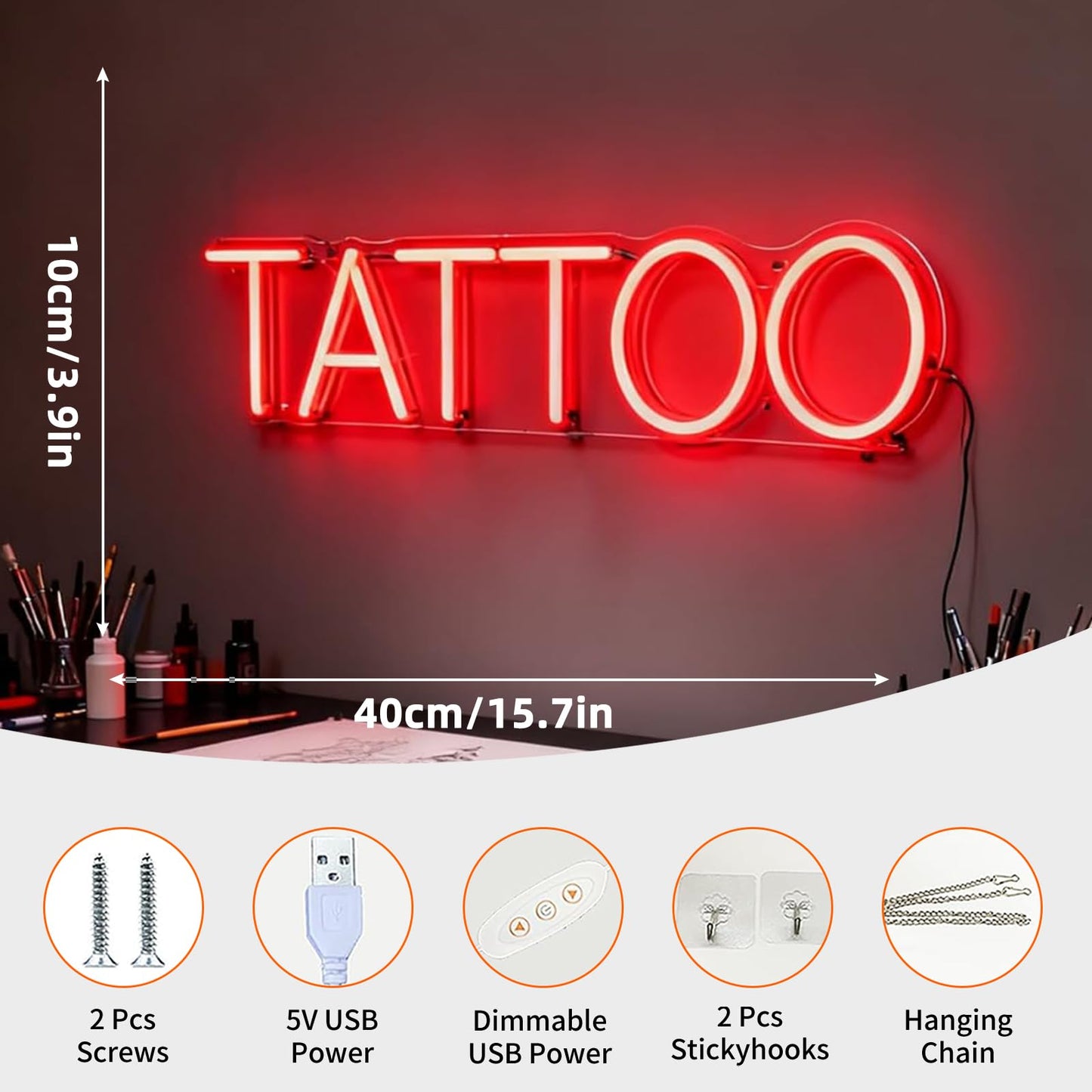 Tattoo LED Neon Sign for Business, USB Powered Dimmable Decorative Neon Light Home Tattoo Shop Studio Salon Man Cave Wall Table Window Decor 15.7 x