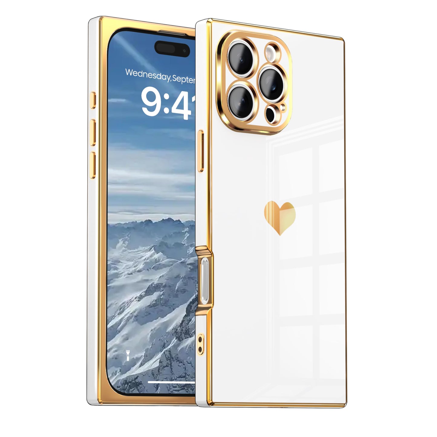 IAIYOXI Case for iPhone 13 Pro - Rectangle Design, Full Camera Protection, Cute Heart Pattern, Electroplated Reinforced Corners, Shockproof Edge