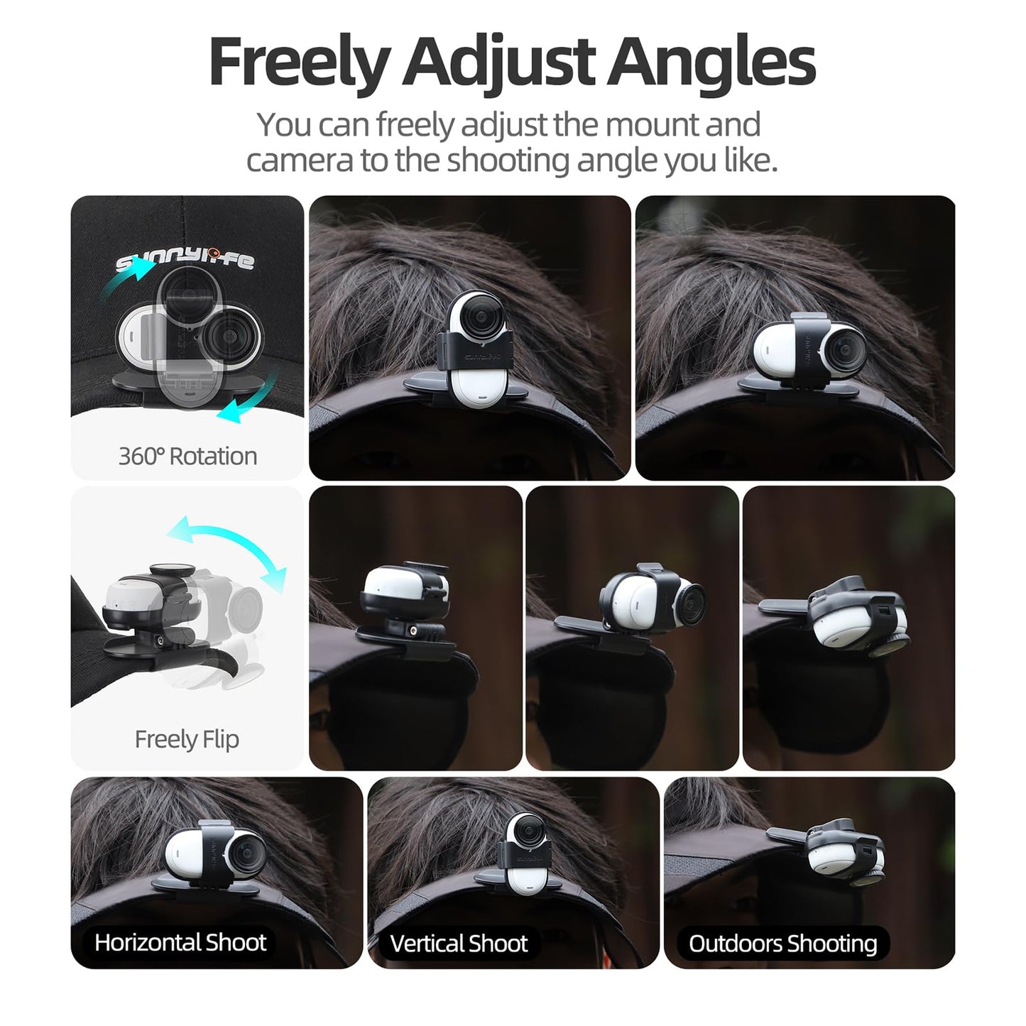 CAPART Rotatable Action Camera Hat Clip, Compatible with Insta360 GO 3S and GO 3, Vertical and Horizonal Adjustable, Clip Widely Fixed on Backpack