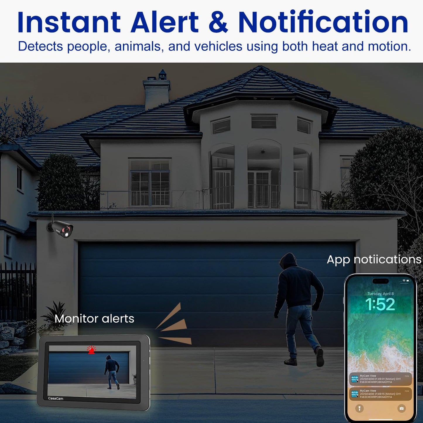 CasaCam GuardianCam Air | Wireless Security Camera System with 7" Touchscreen Monitor and 2 720p Cameras | AC Powered, Two-Way Audio, Free APP, 32GB